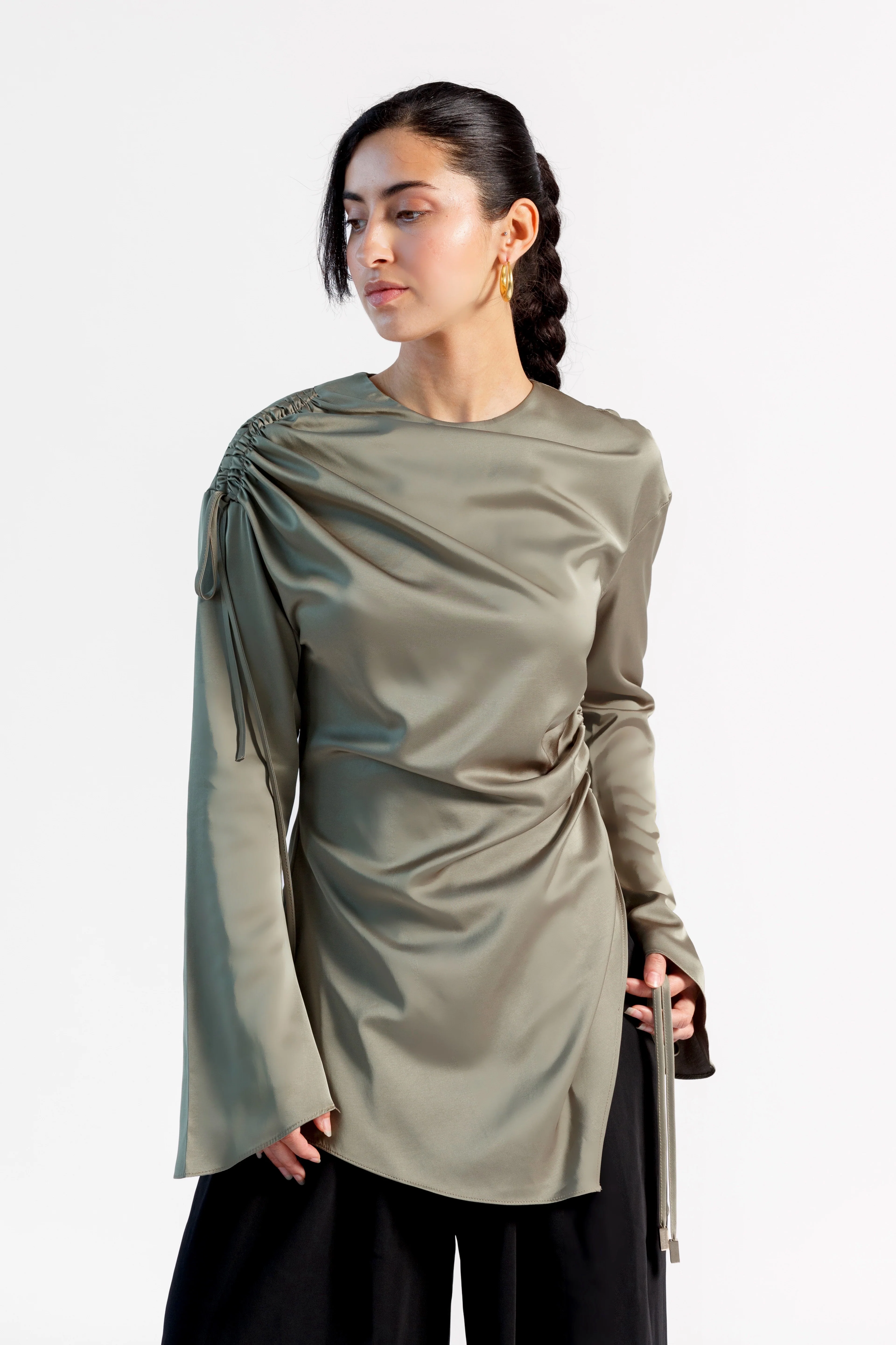 Olive Green Satin Ruched Tunic- Final Sale