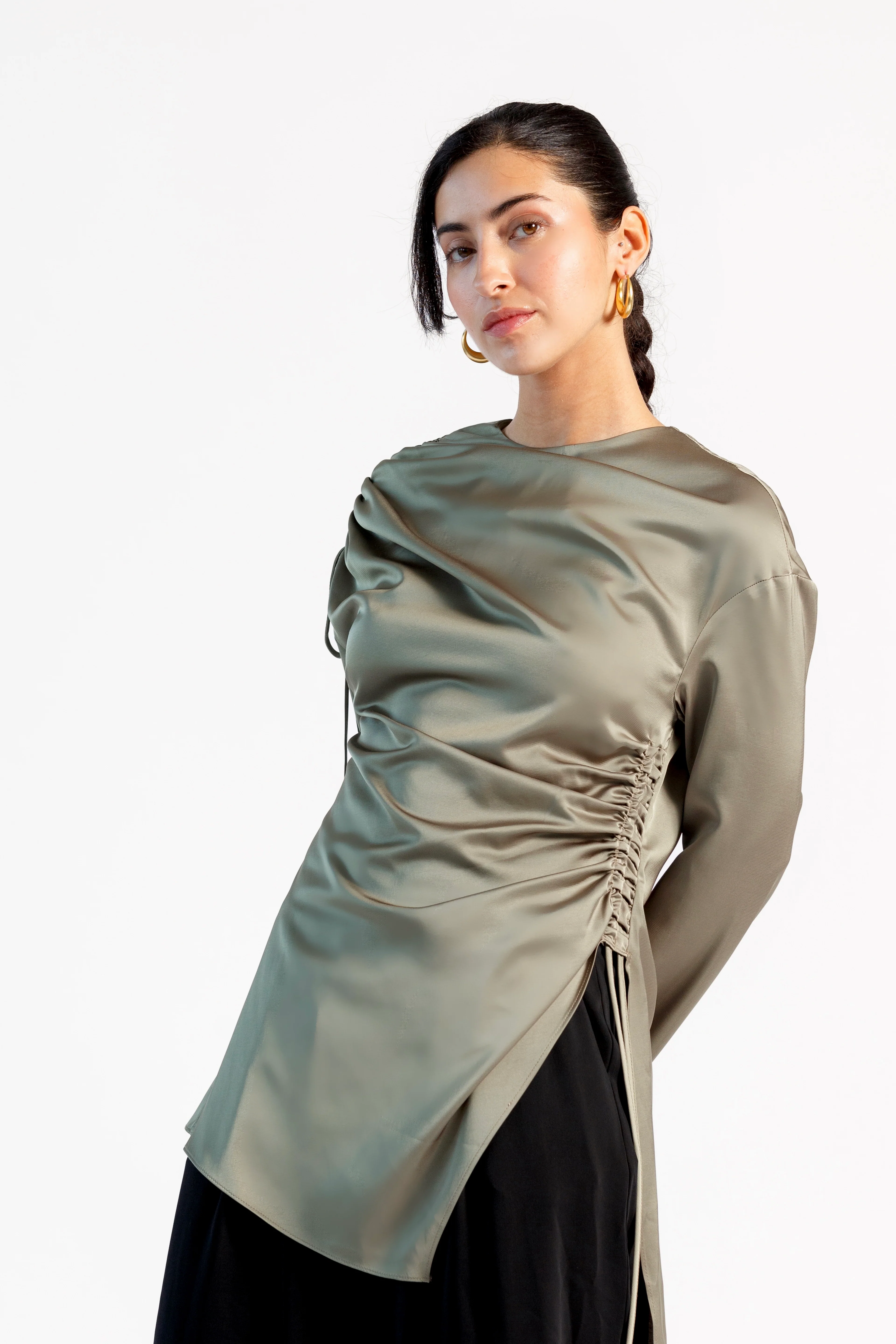 Olive Green Satin Ruched Tunic- Final Sale - Image 3