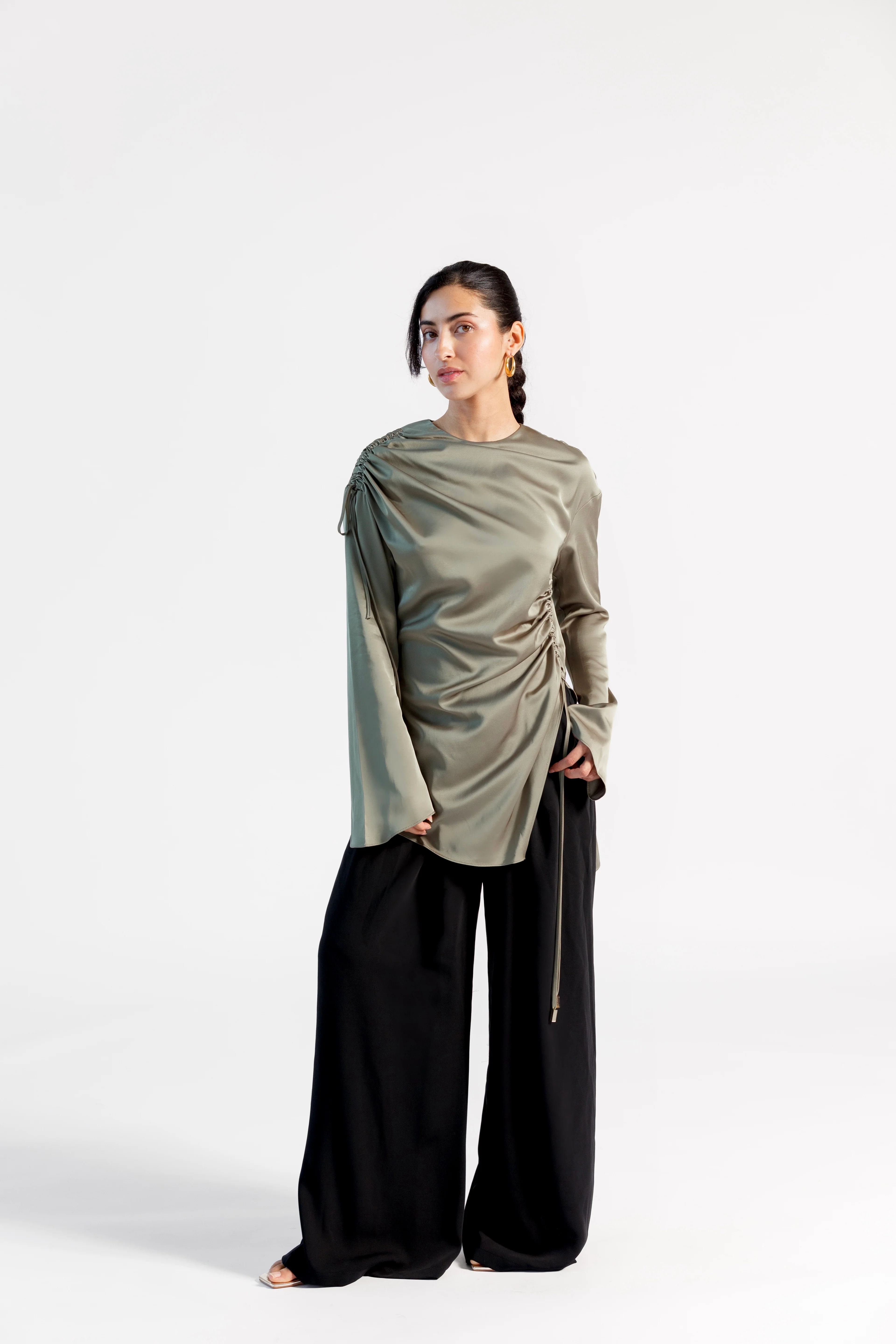 Olive Green Satin Ruched Tunic- Final Sale - Image 4