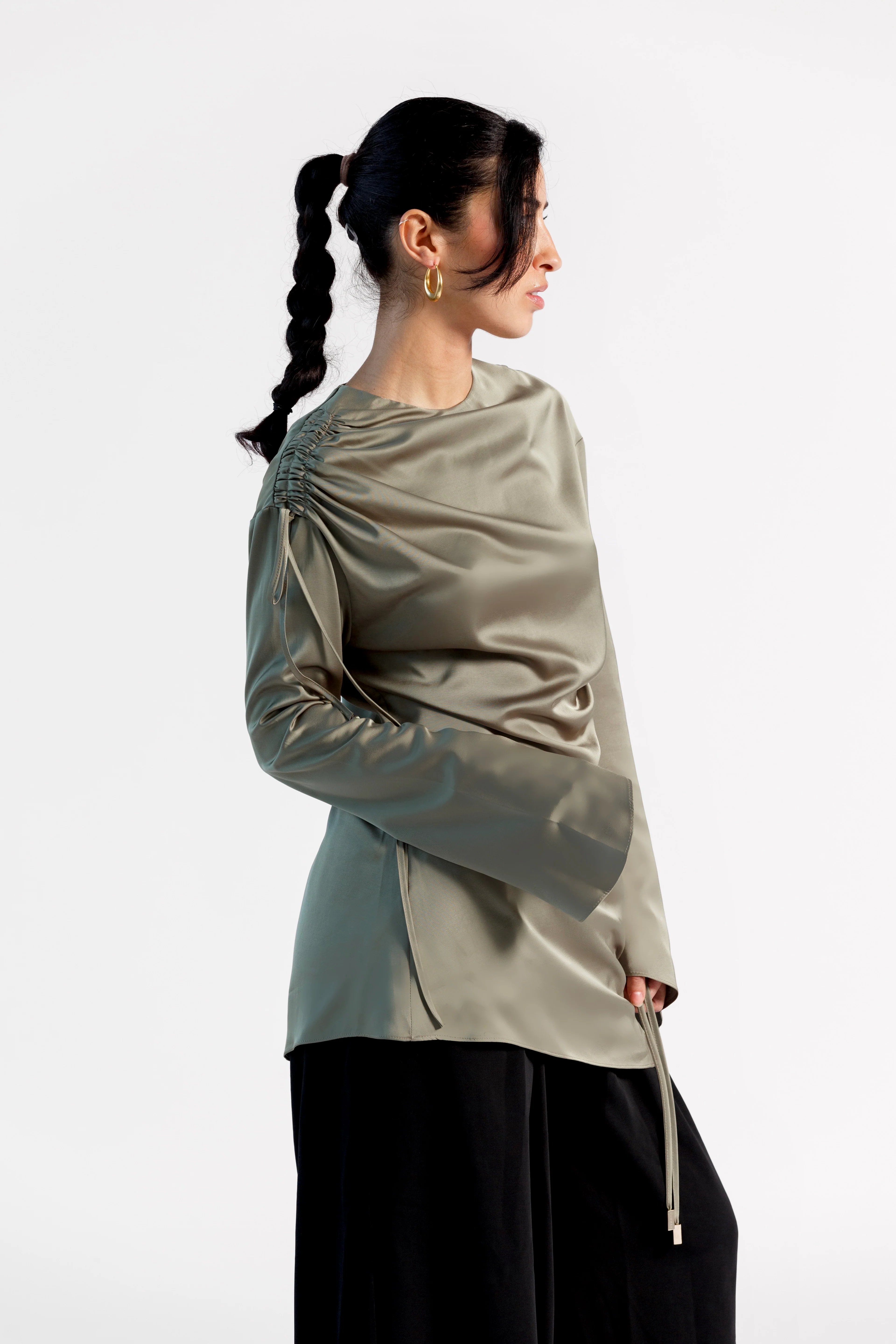 Olive Green Satin Ruched Tunic- Final Sale - Image 5