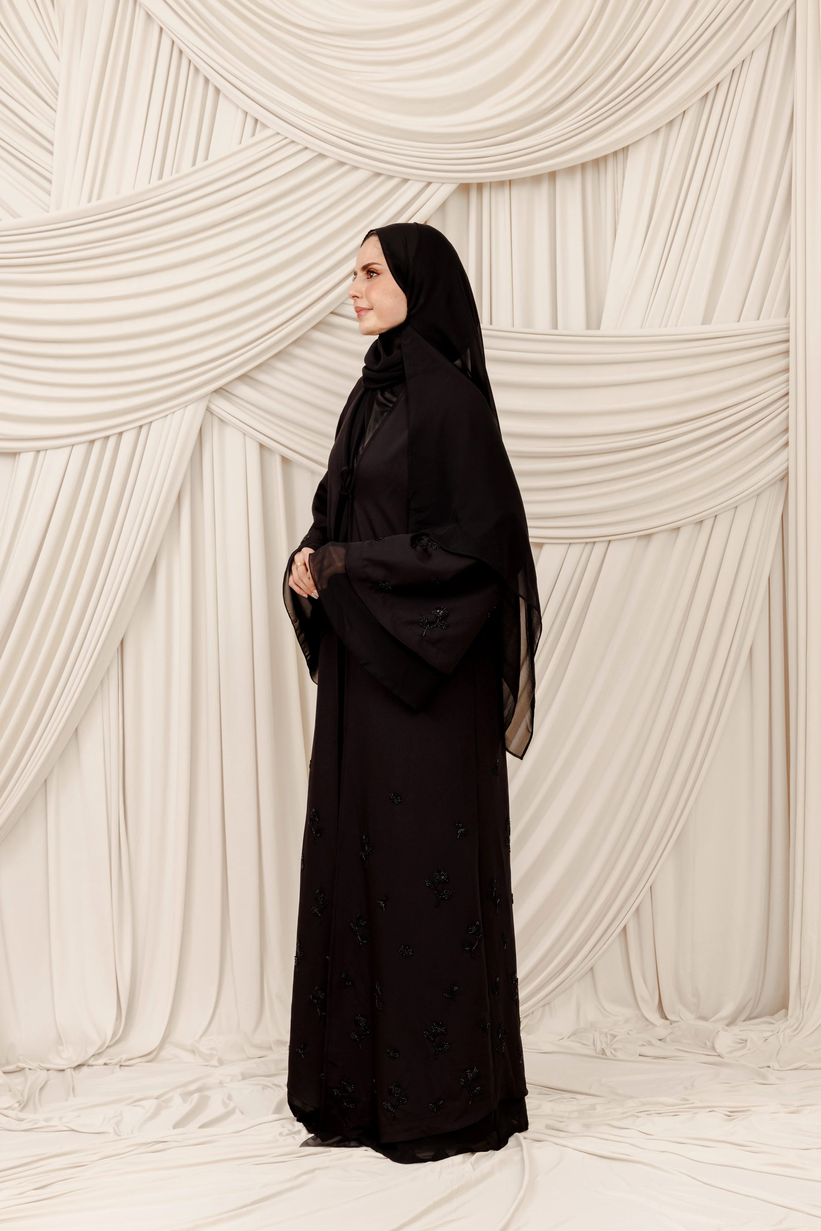 Black Beaded Floral Chiffon Cuff Abaya (2 pc)- Final Sale - Image 4
