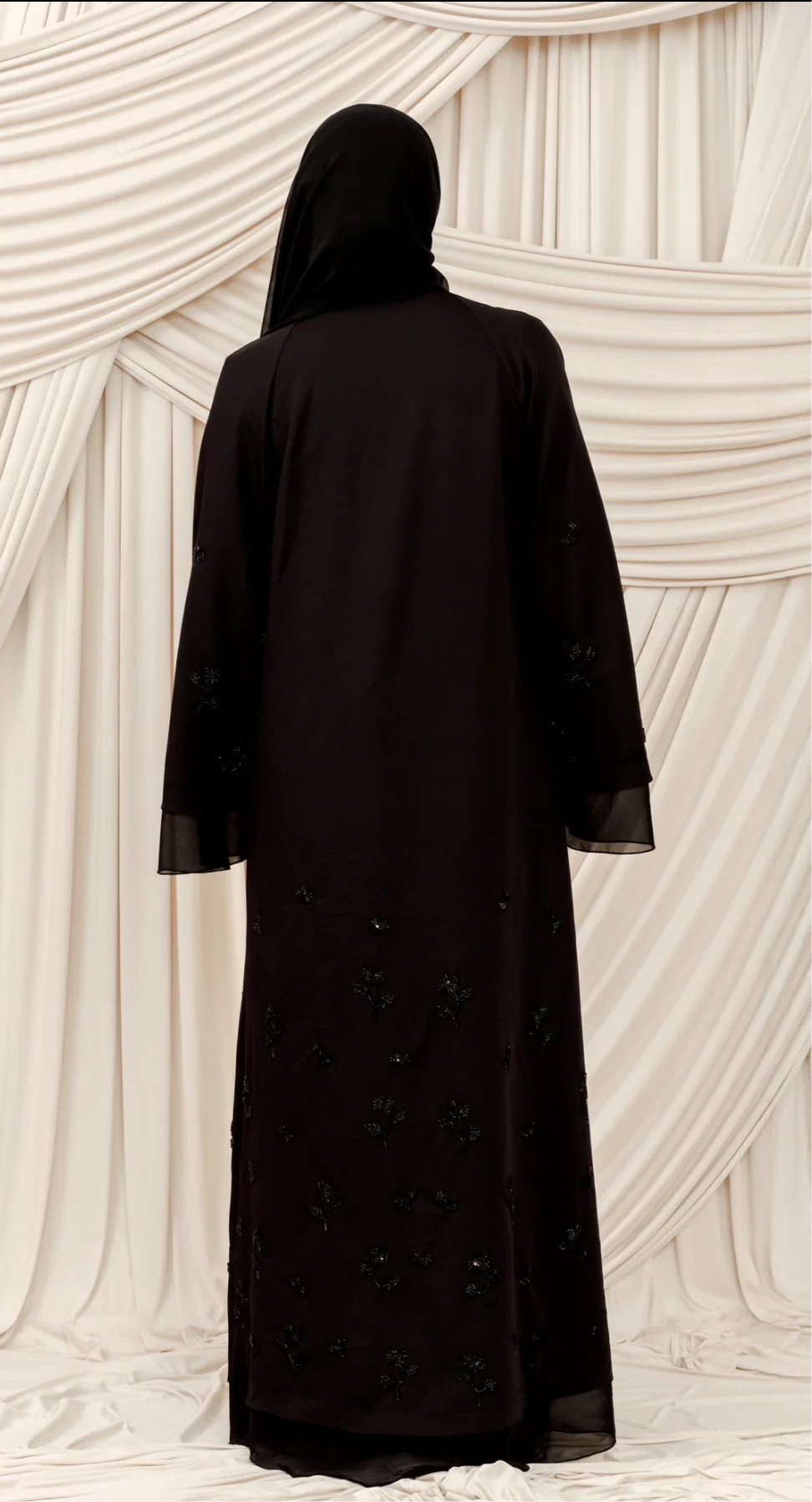 Black Beaded Floral Chiffon Cuff Abaya (2 pc)- Final Sale - Image 6