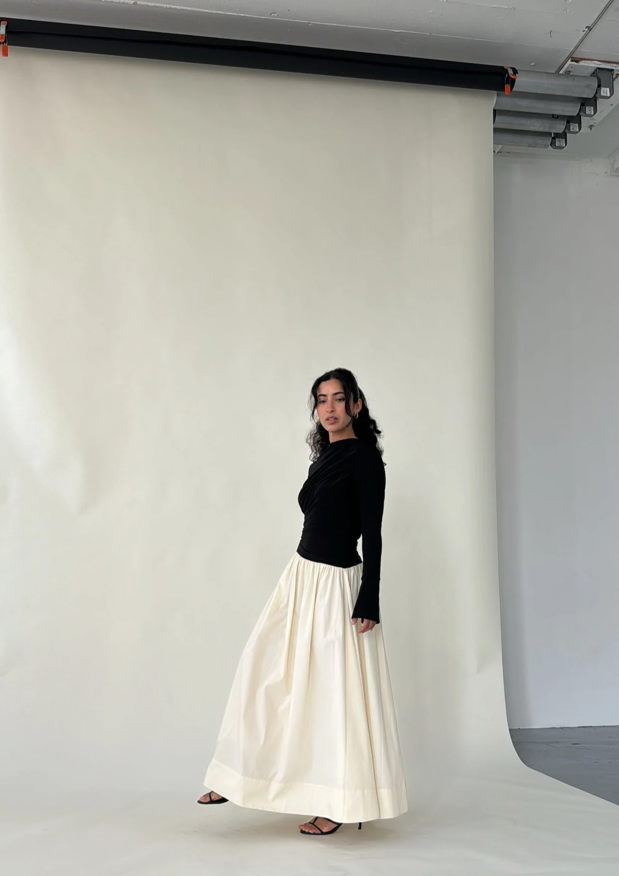 Black & Cream Asymmetric Draped Dress - Image 6
