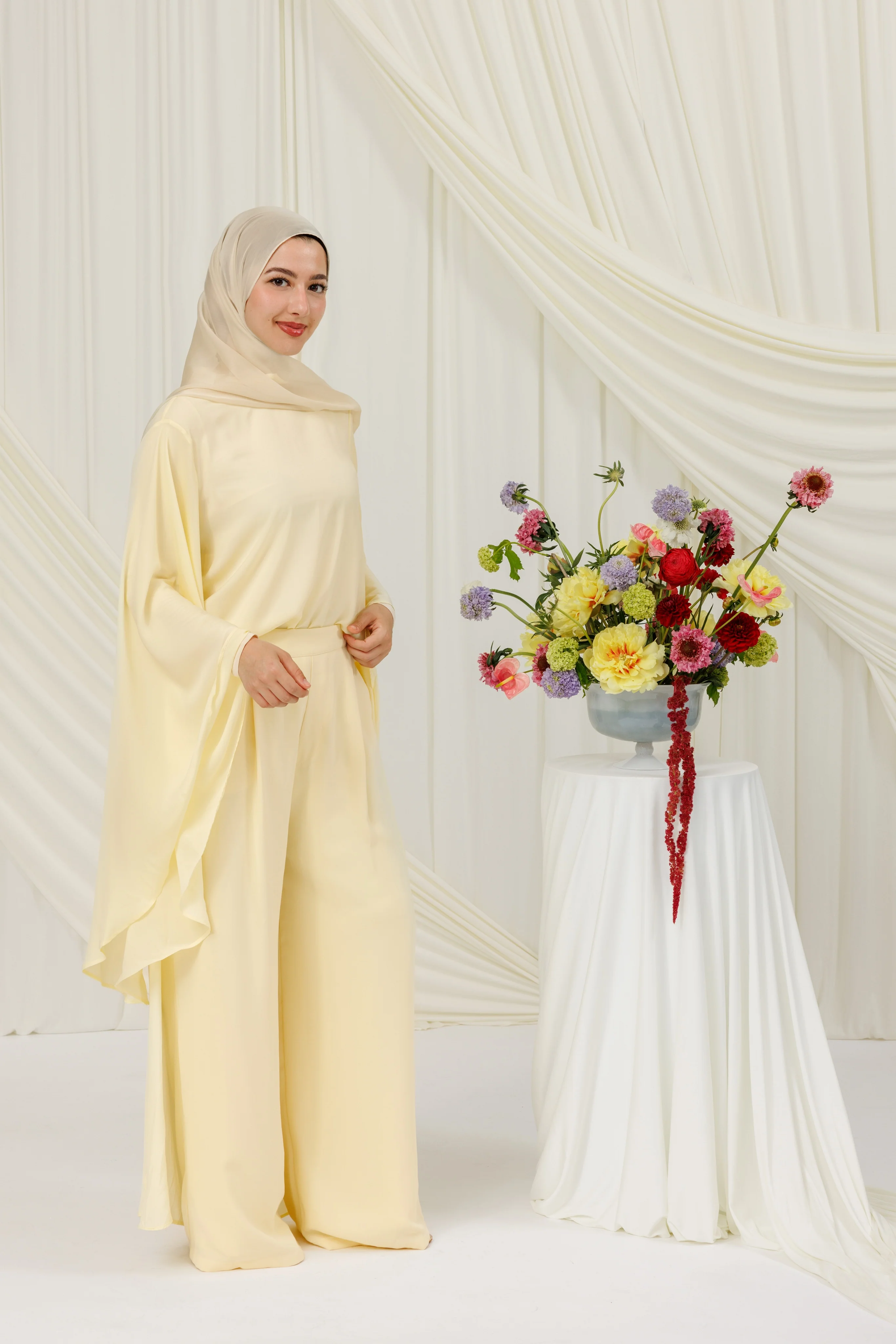 Butter Yellow Chiffon Cape Tunic Set (3 pcs) - Image 5