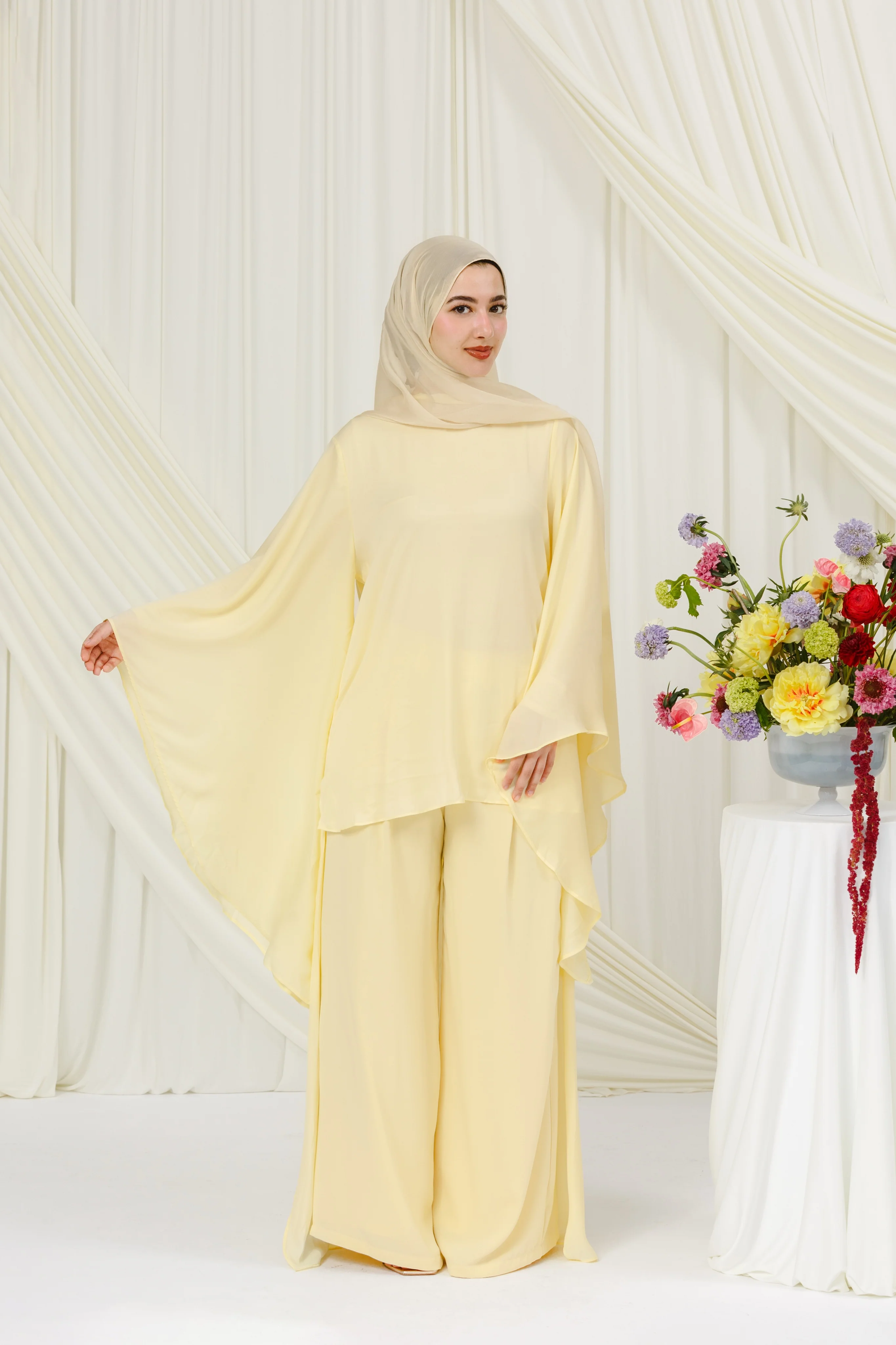 Butter Yellow Chiffon Cape Tunic Set (3 pcs) - Image 6