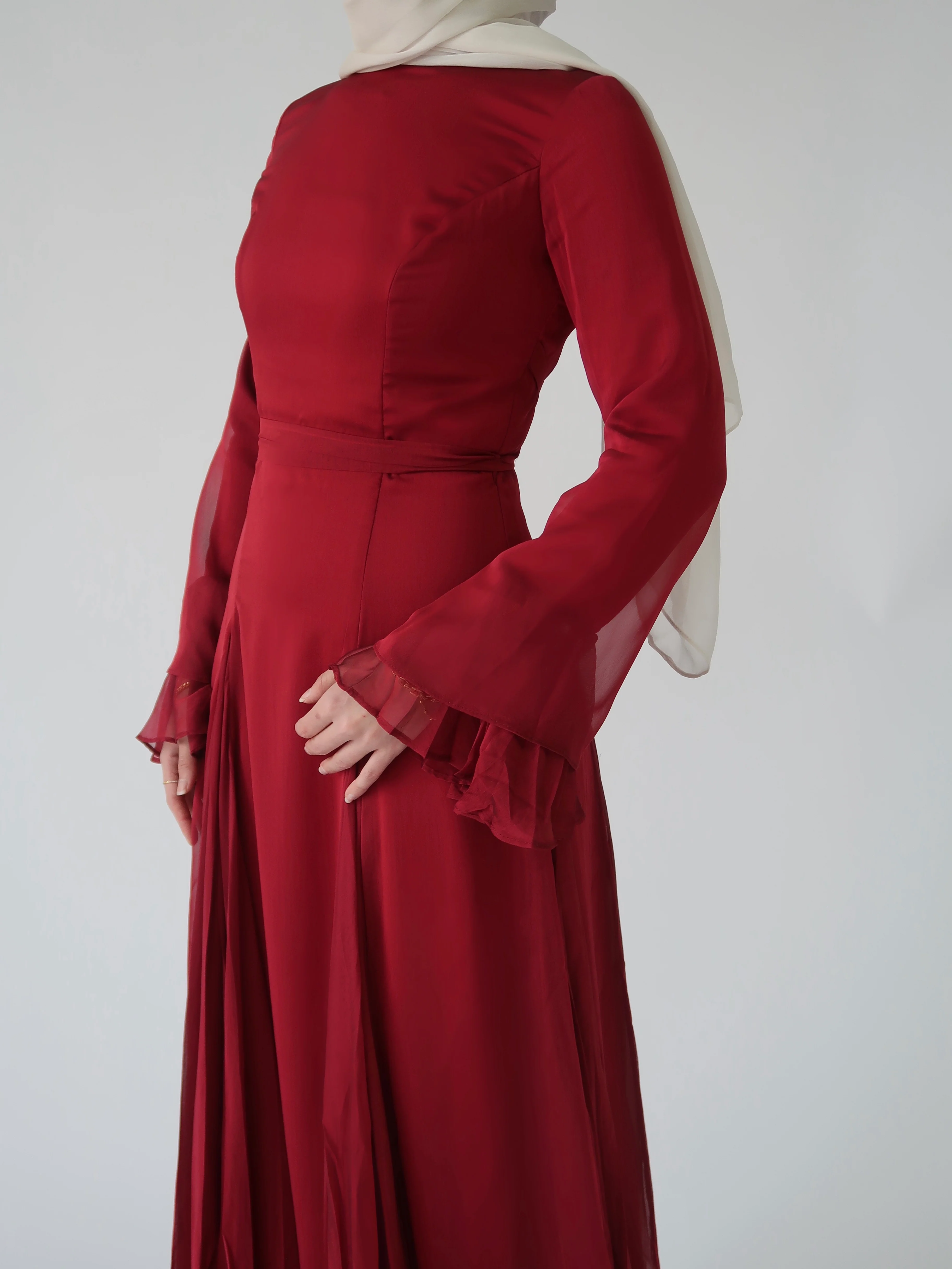 Cherry Red Pleated Slit Gown - Image 4