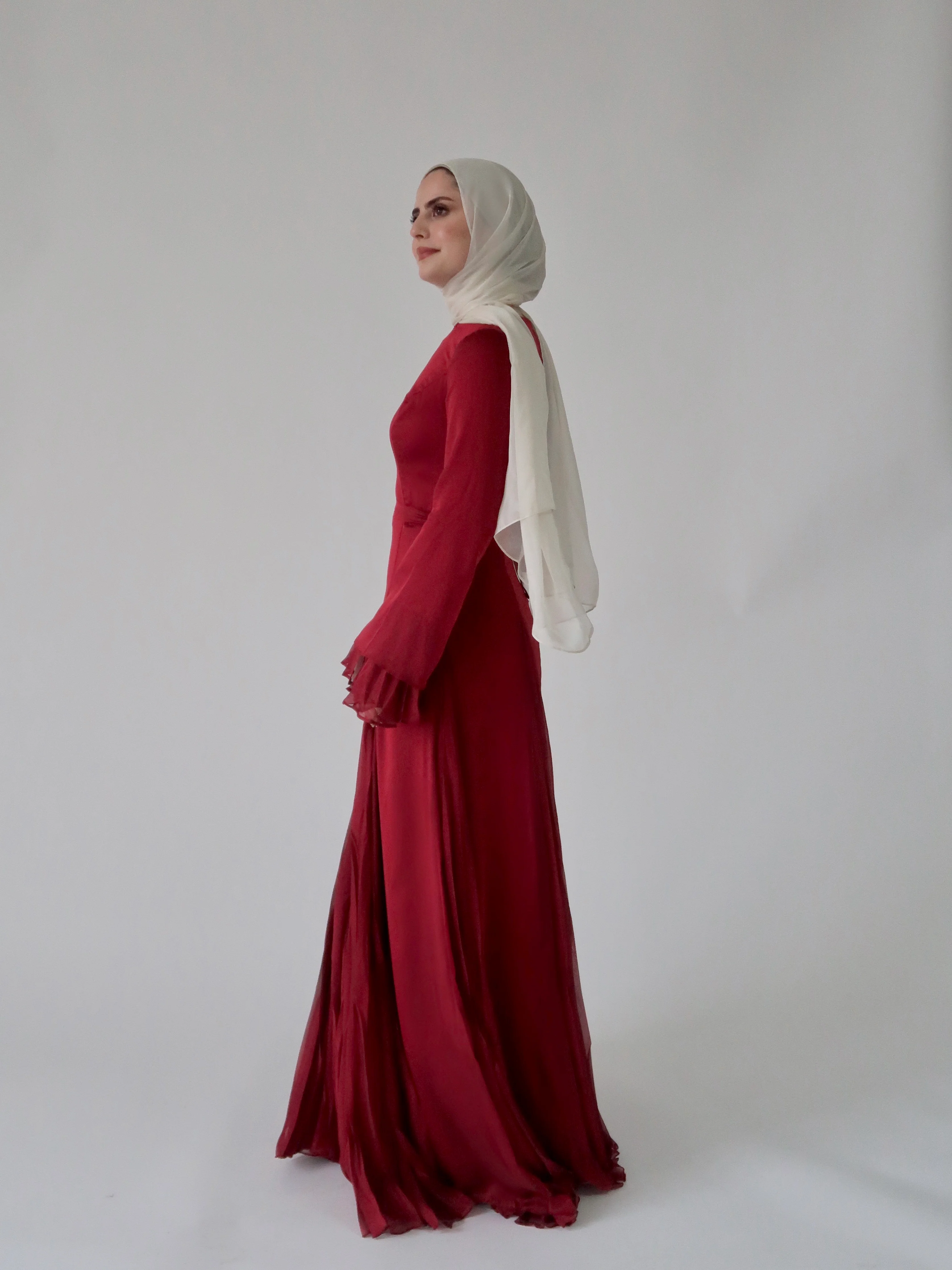 Cherry Red Pleated Slit Gown - Image 5