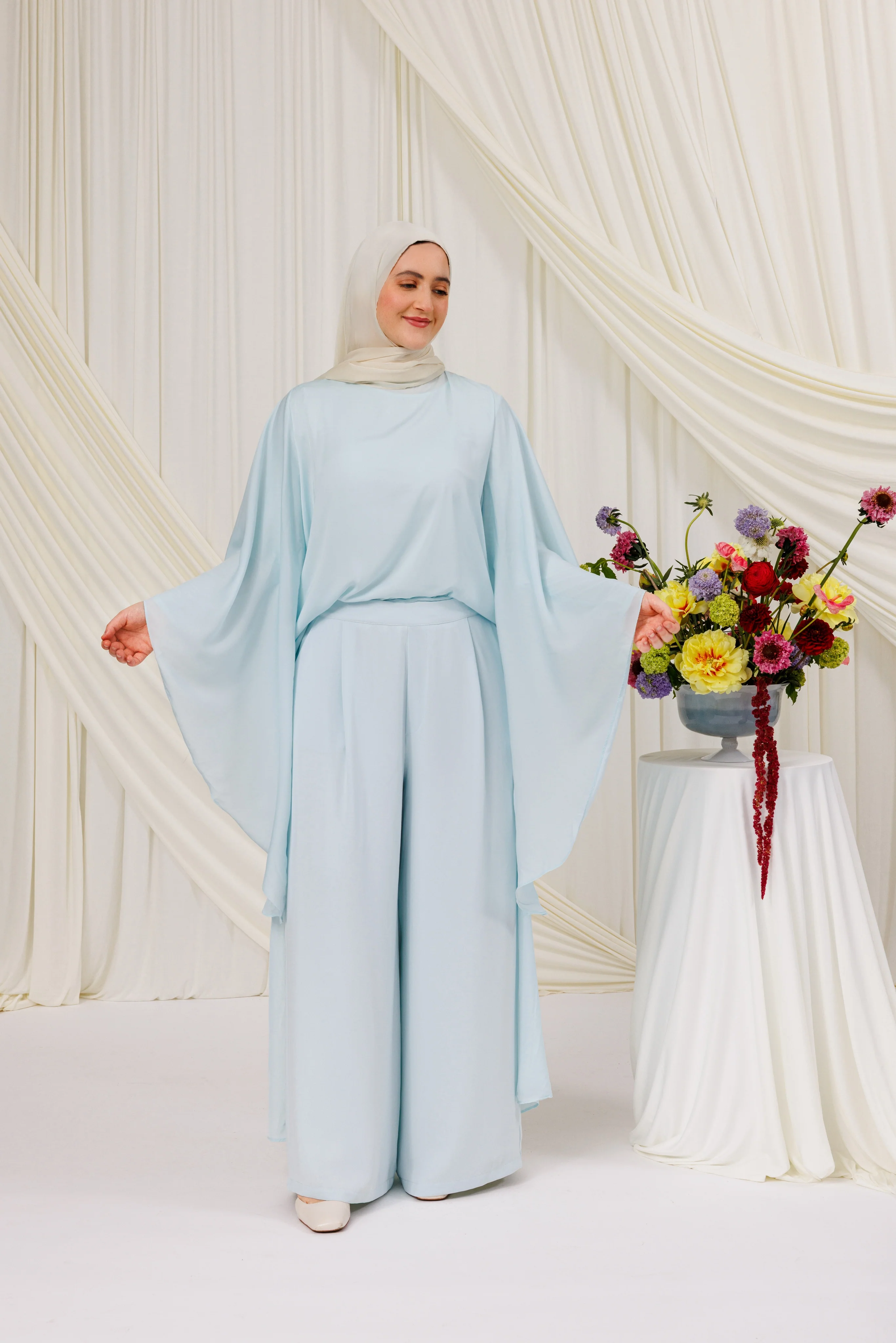 Sky Blue Chiffon Cape Tunic Set (3 pcs) - Image 7