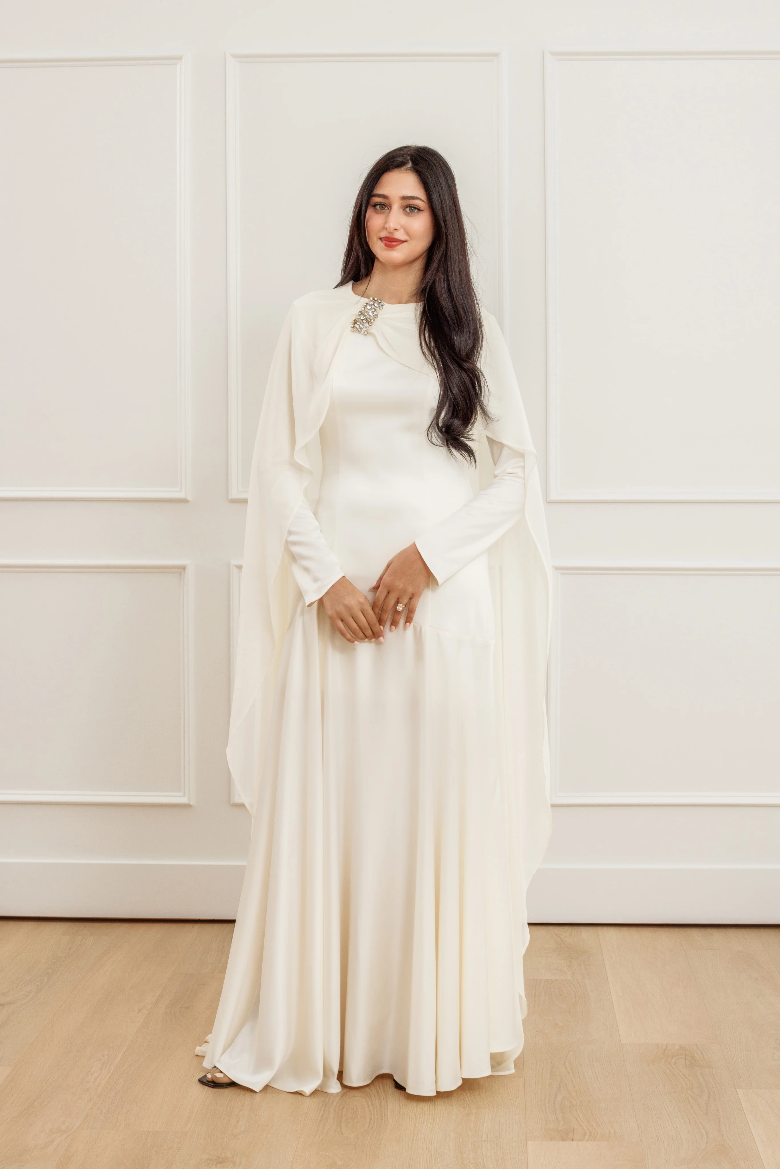 Ivory Embellished Chiffon Cape Gown - Image 7
