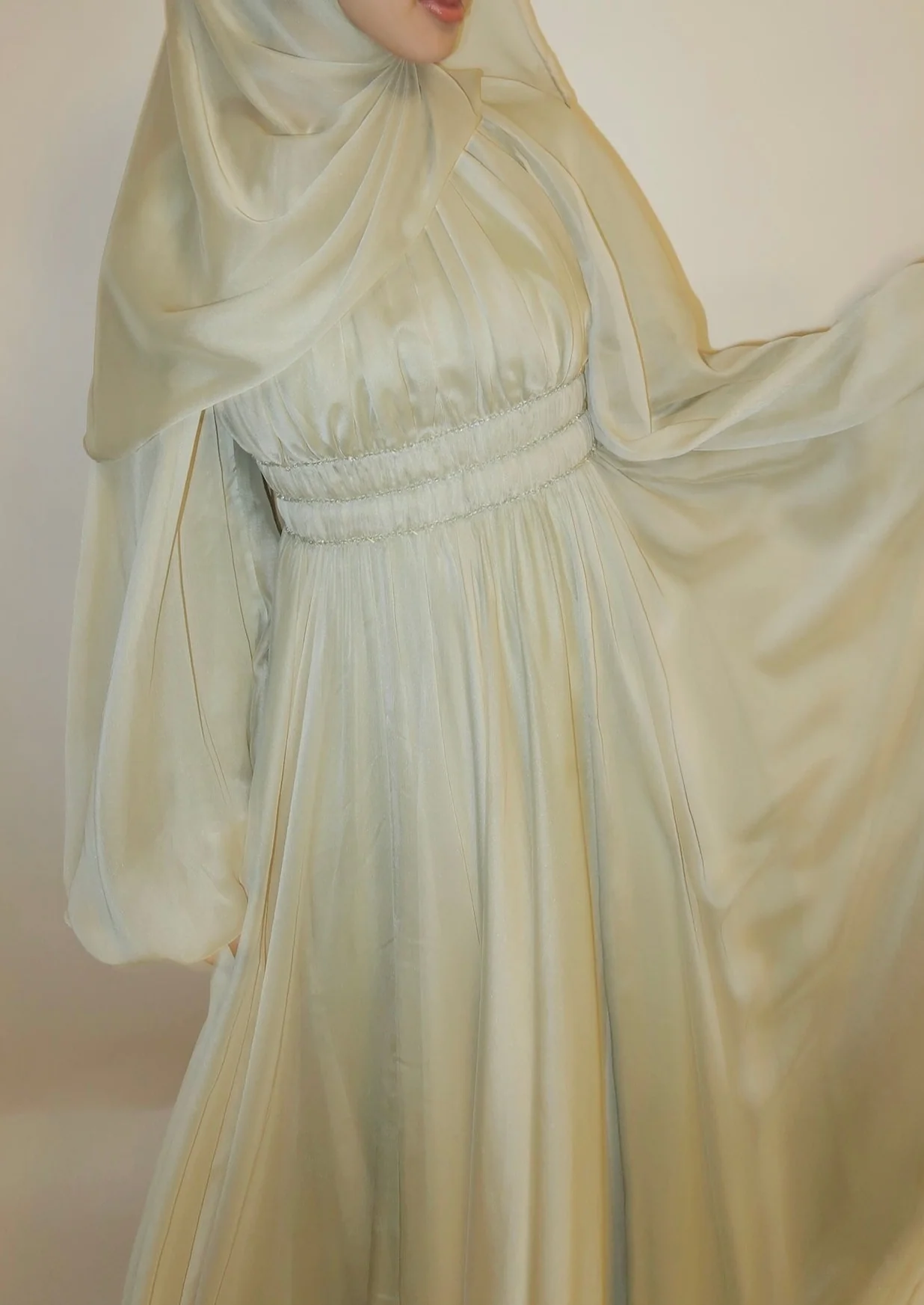 Melon Green Kaftan Beaded Belt Gown - Image 3