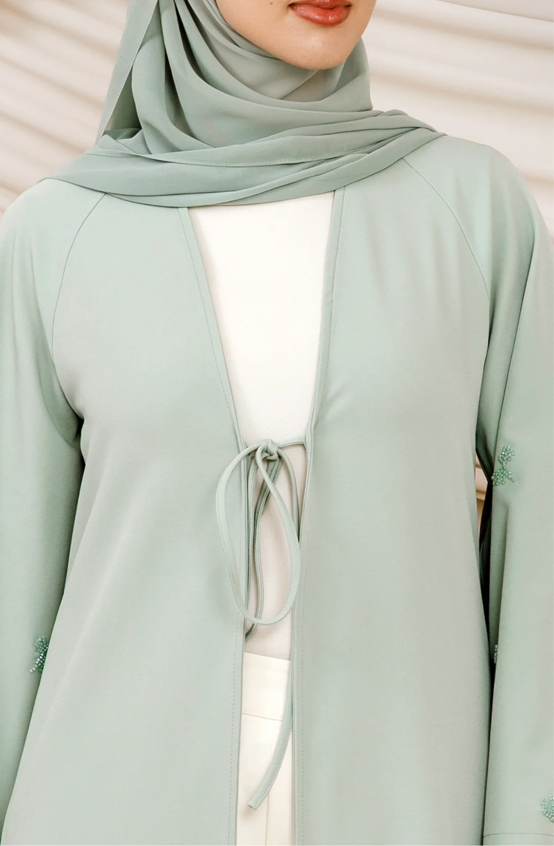 Mint Beaded Floral Chiffon Cuff Abaya (2 pc) - Image 3