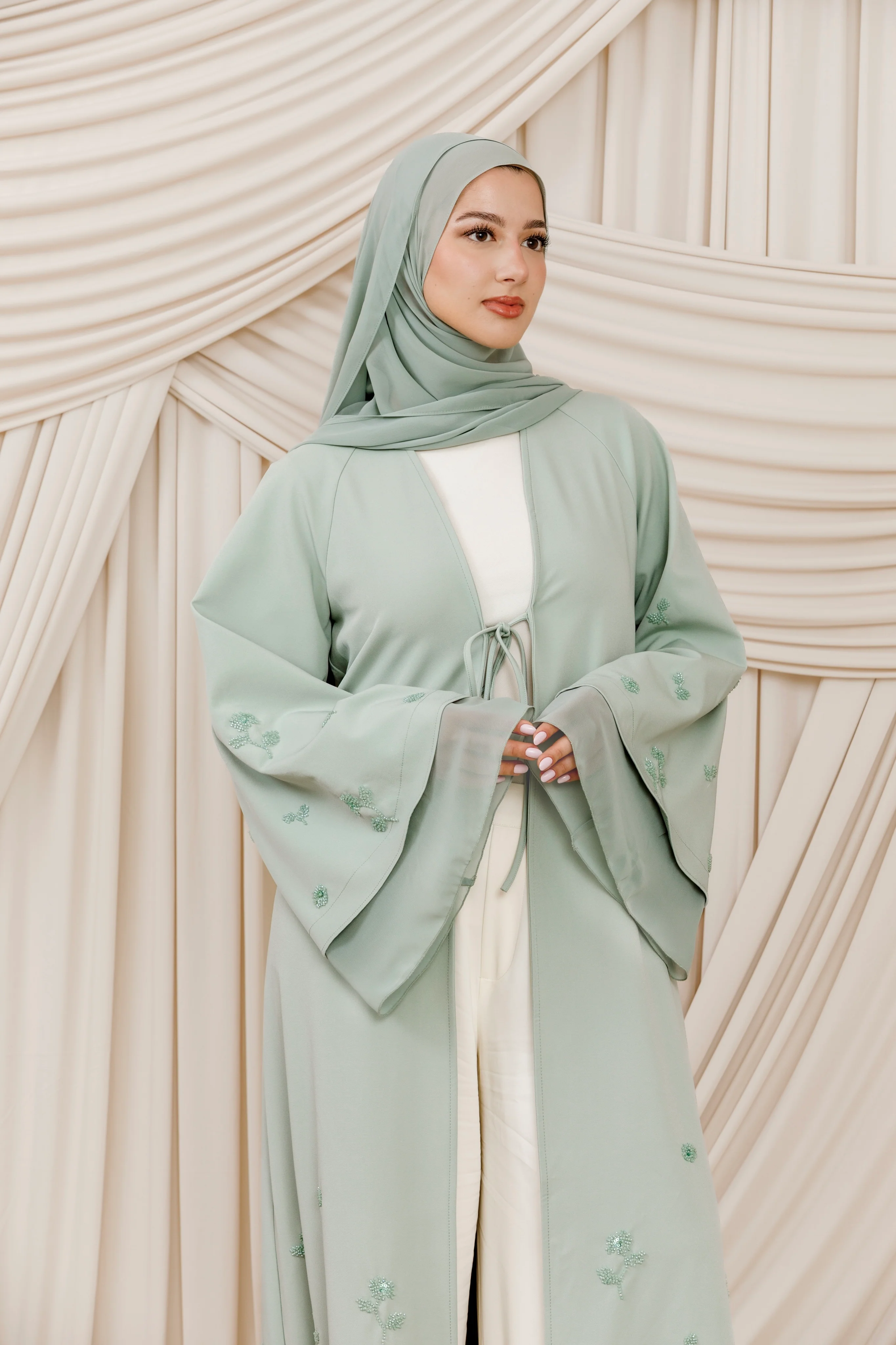 Mint Beaded Floral Chiffon Cuff Abaya (2 pc) - Image 4