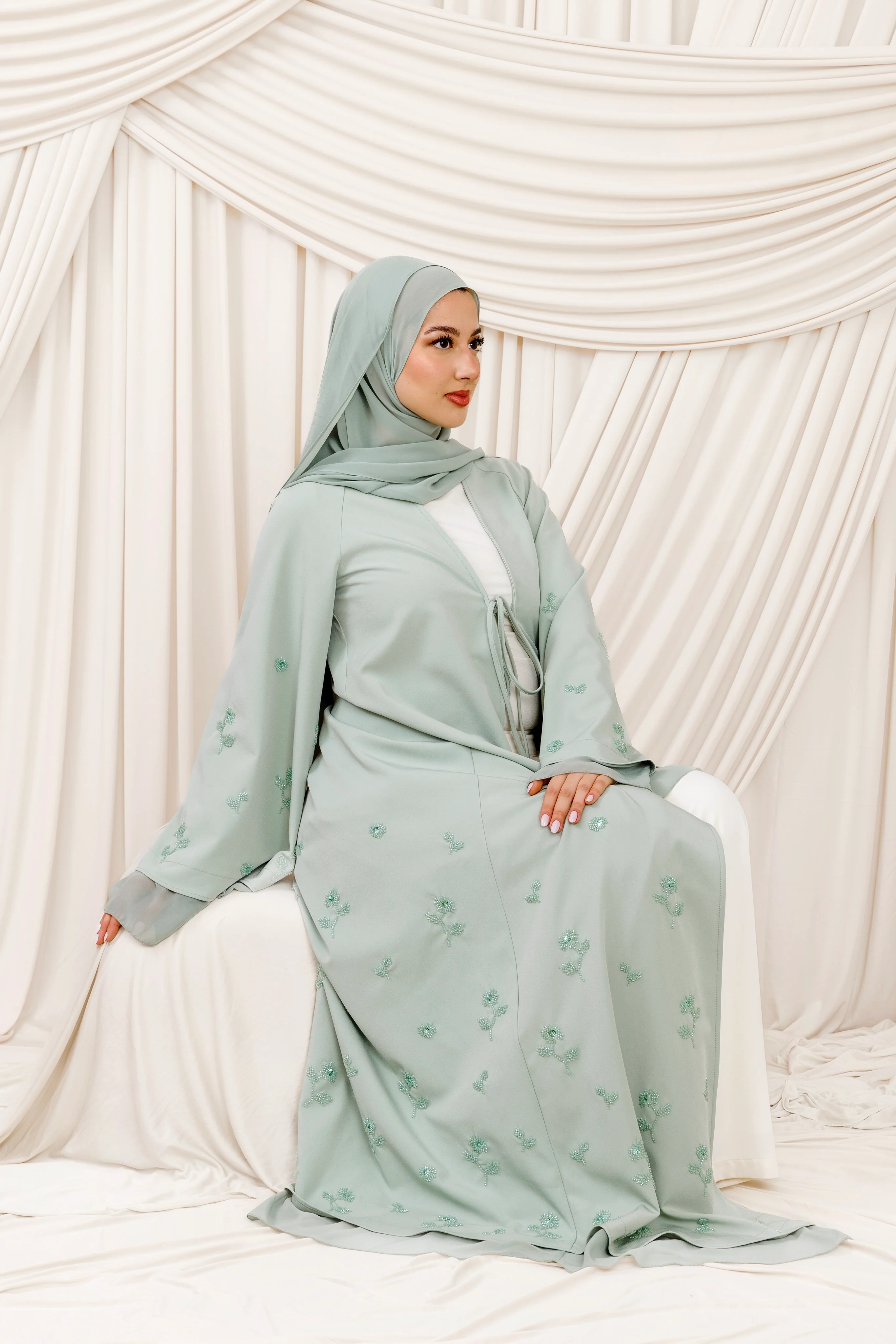 Mint Beaded Floral Chiffon Cuff Abaya (2 pc) - Image 5
