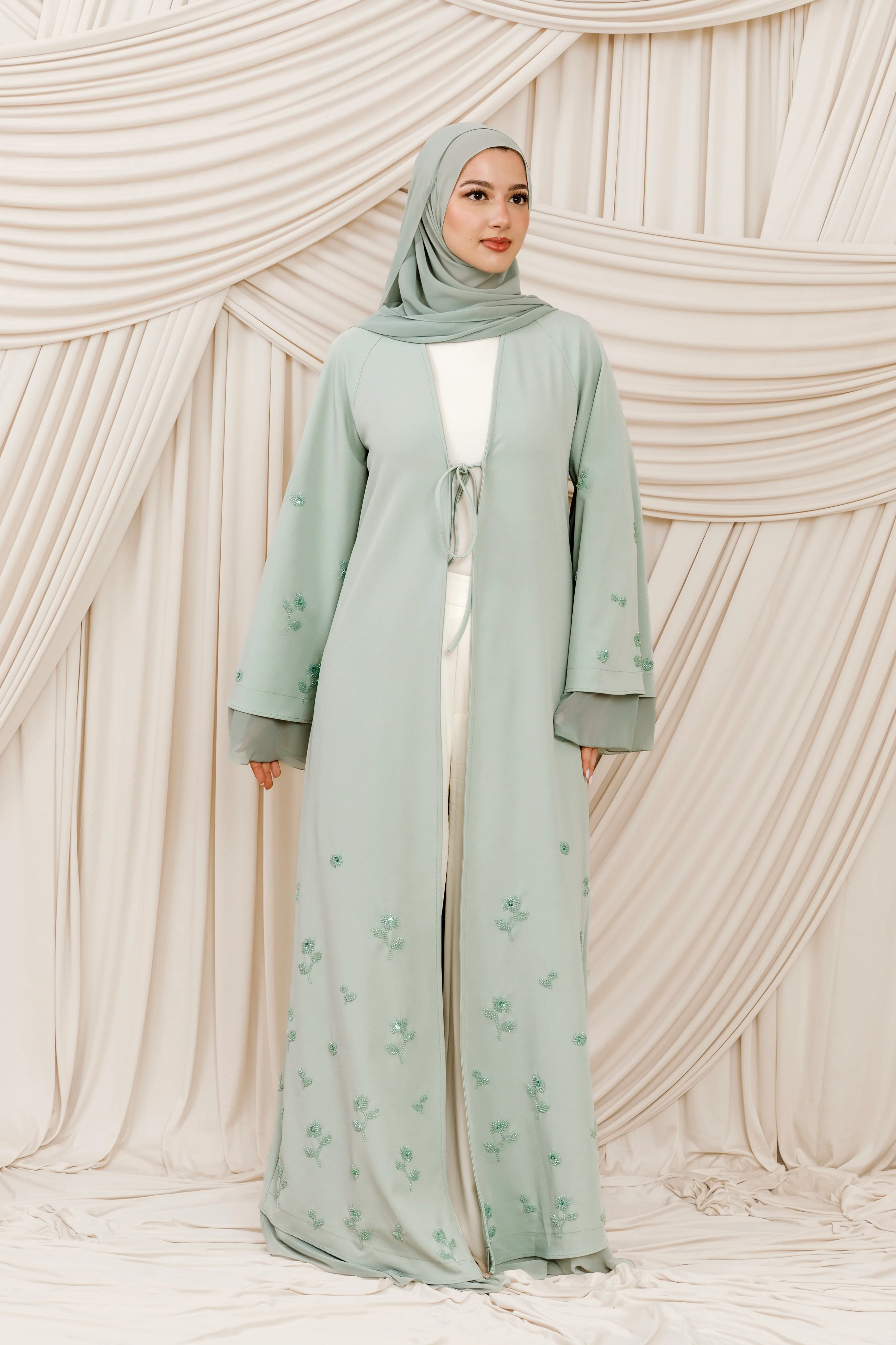 Mint Beaded Floral Chiffon Cuff Abaya (2 pc) - Image 7