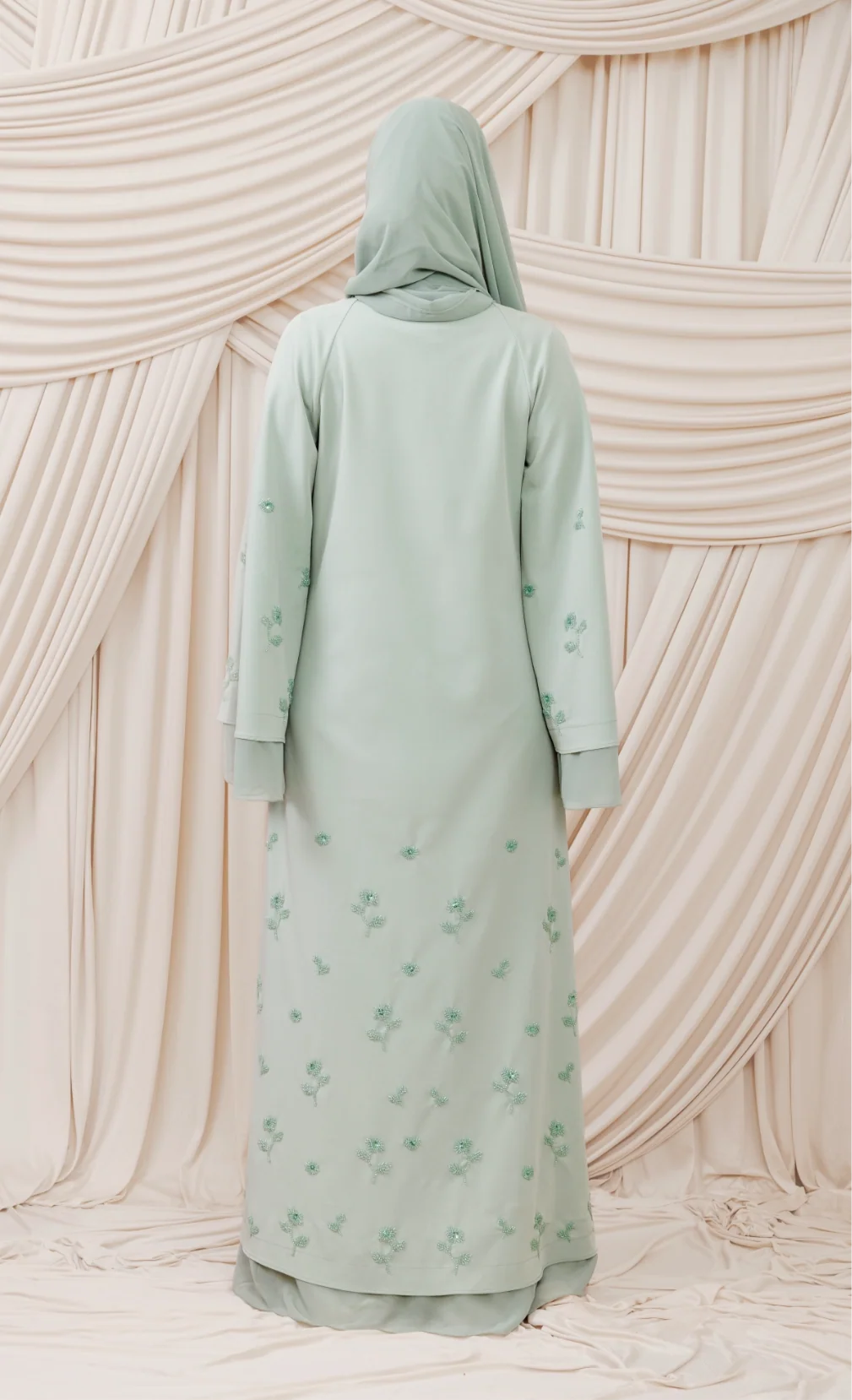 Mint Beaded Floral Chiffon Cuff Abaya (2 pc) - Image 8