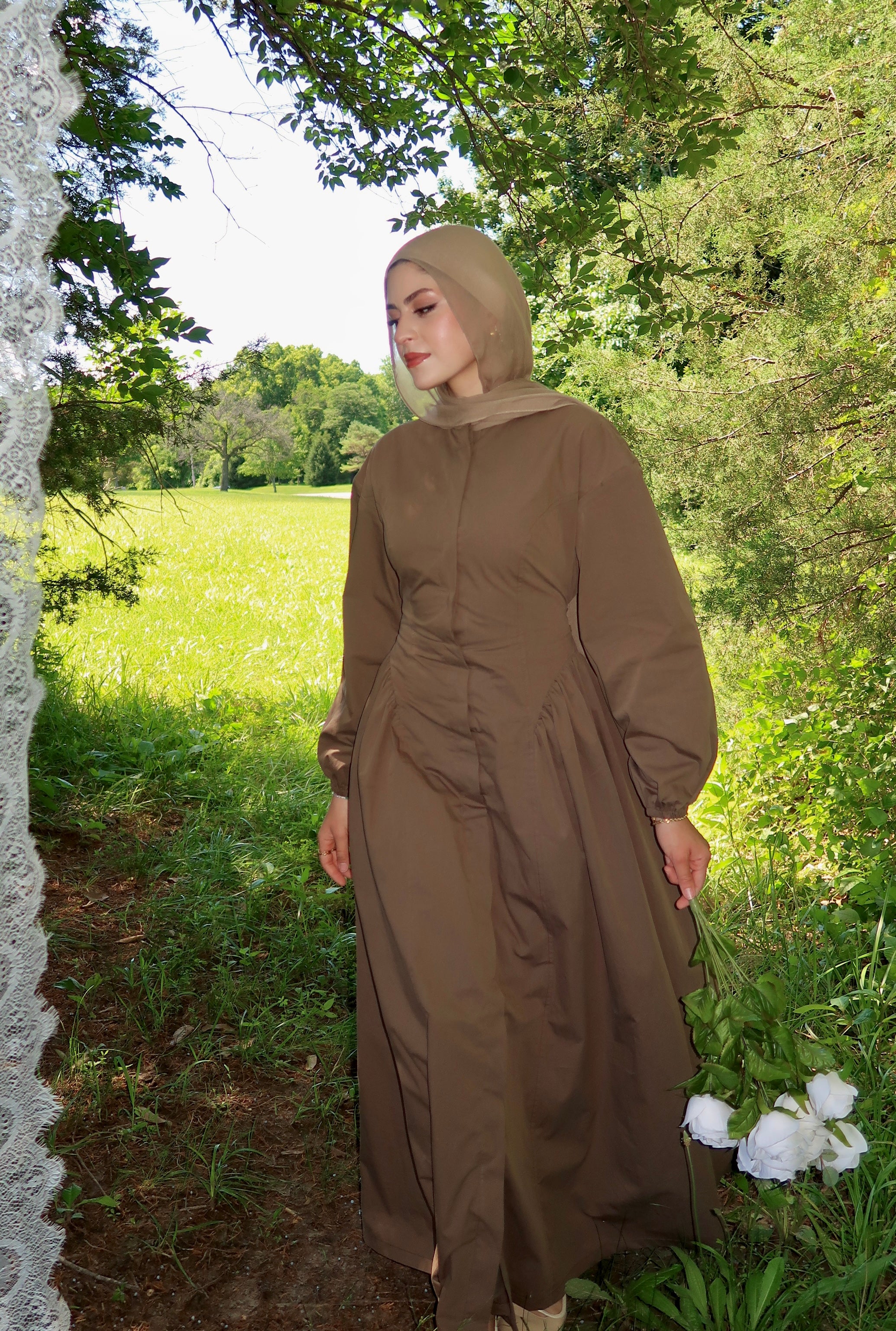 Mocha Cinched Buttoned Dress - Image 5