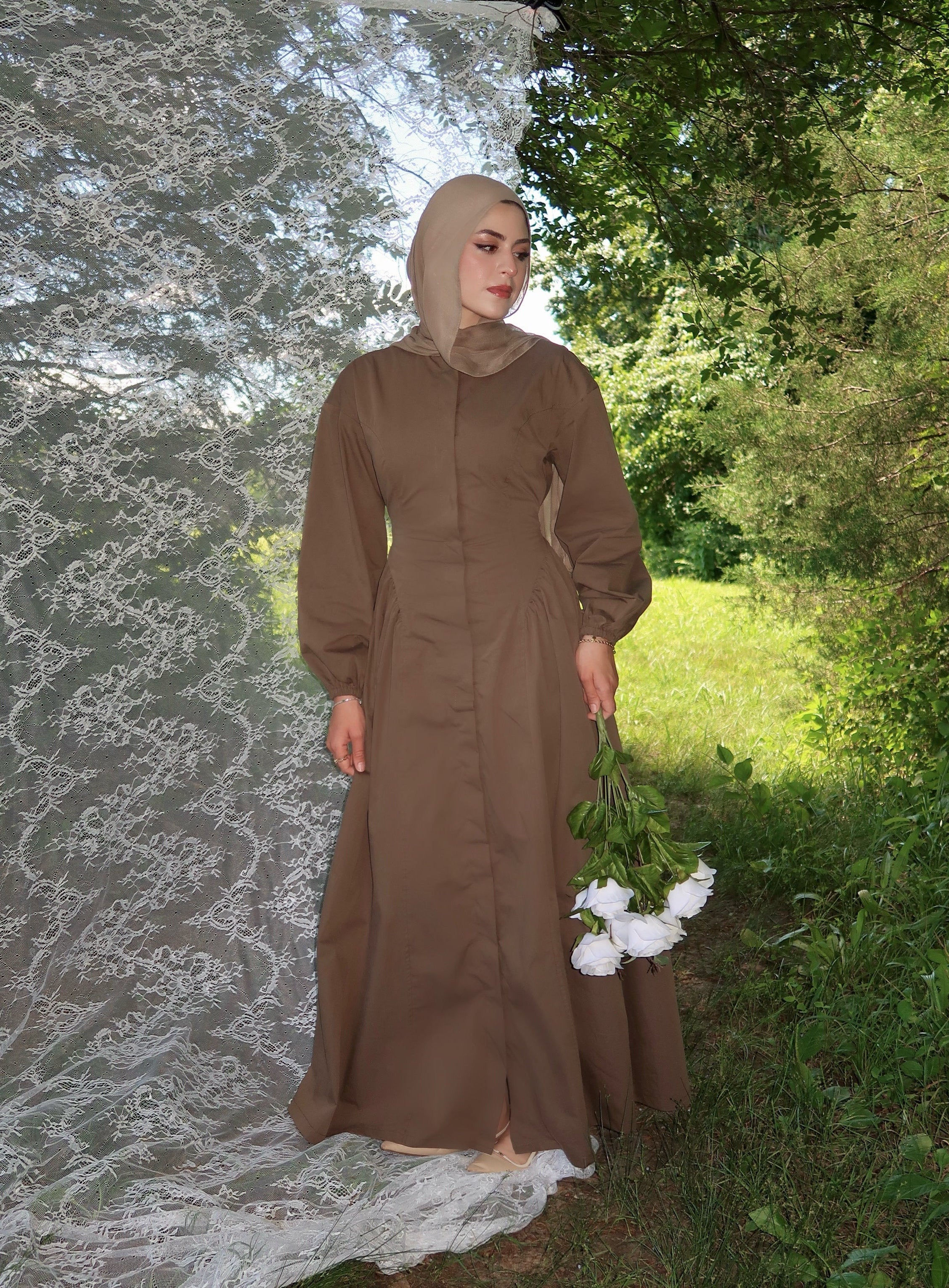 Mocha Cinched Buttoned Dress - Image 6