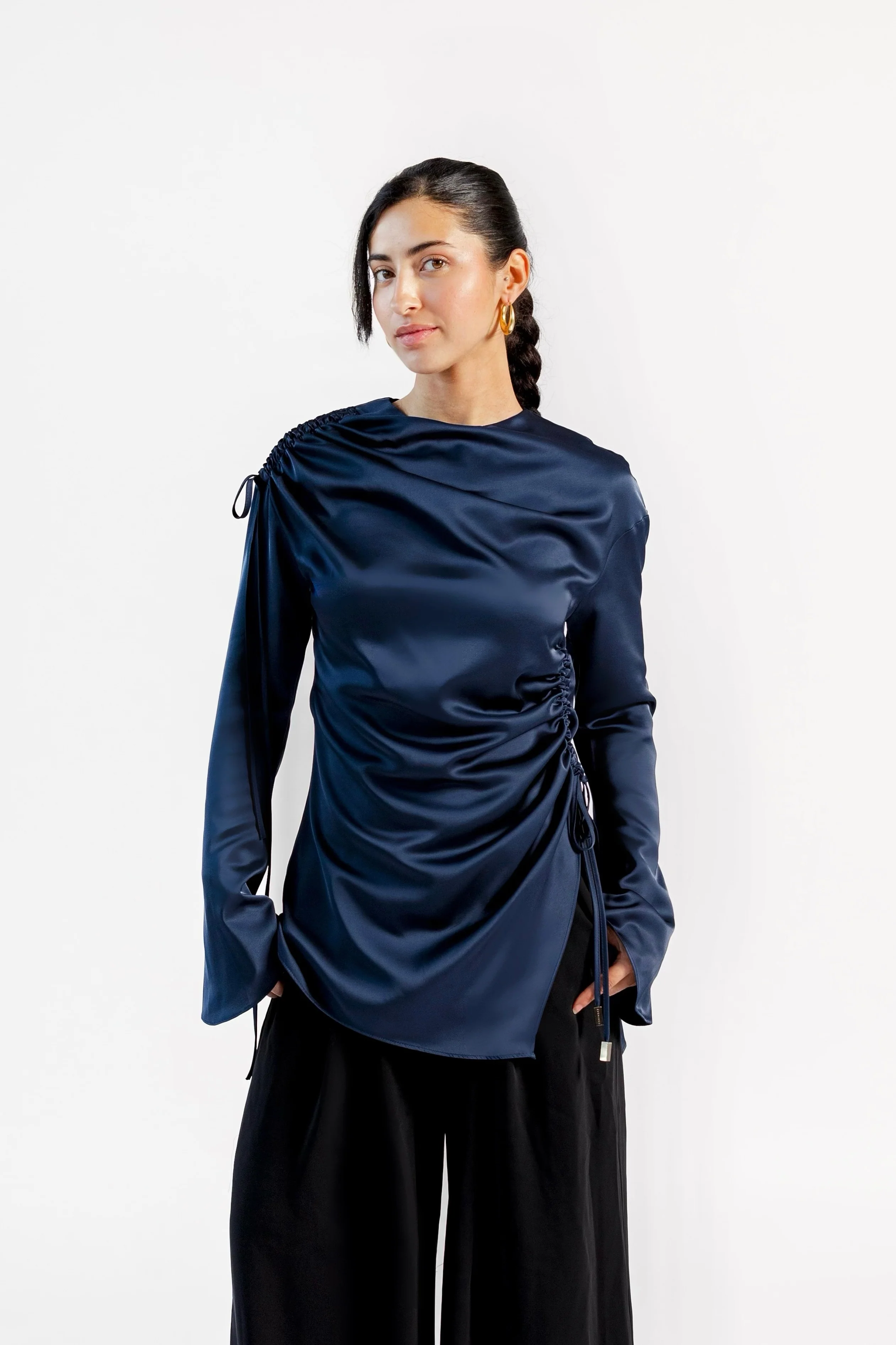 Navy Satin Ruched Tunic- Final Sale