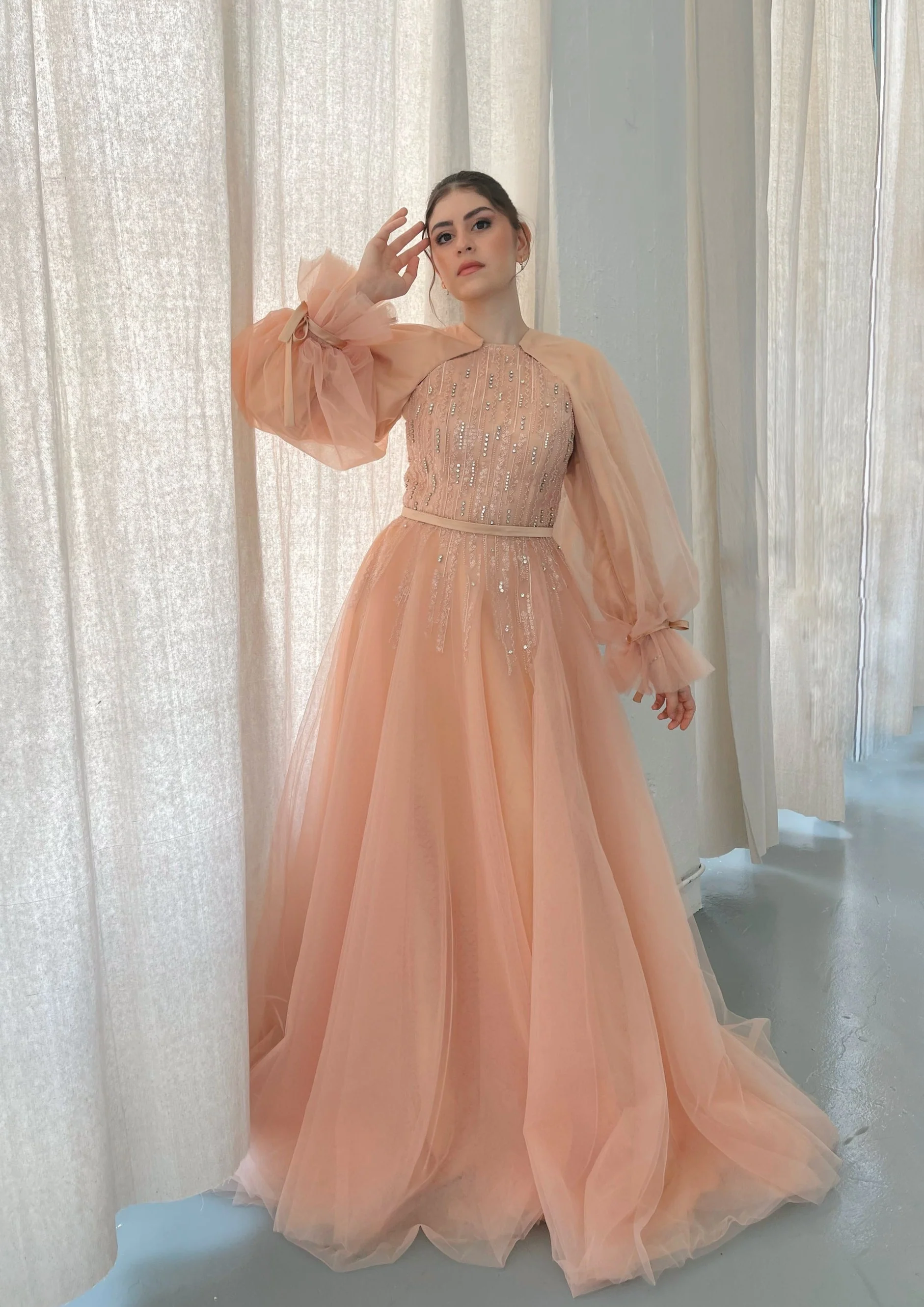 Peach Convertible Halter Neck Ball Gown - Image 3