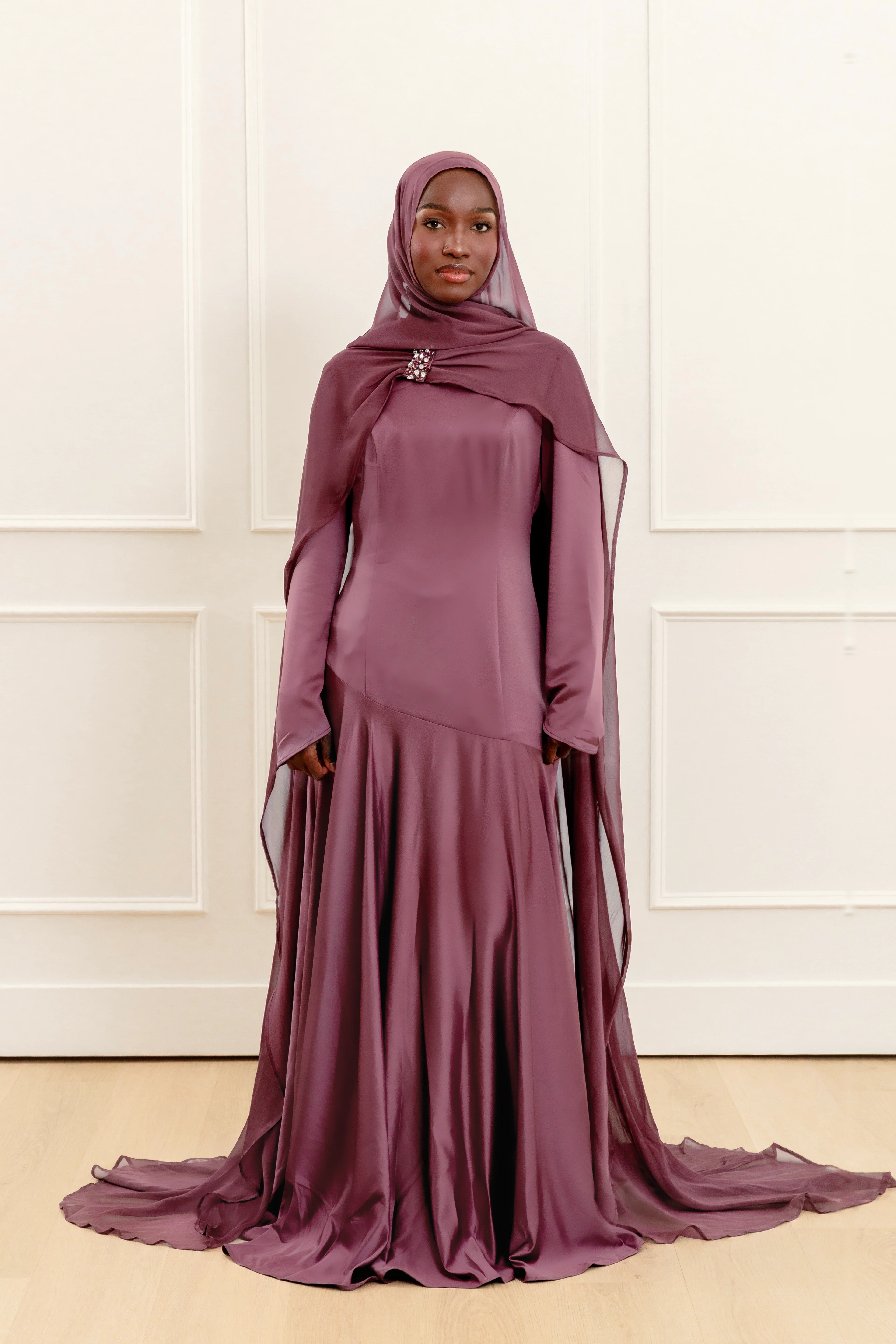 Plum Embellished Chiffon Cape Gown- Final Sale