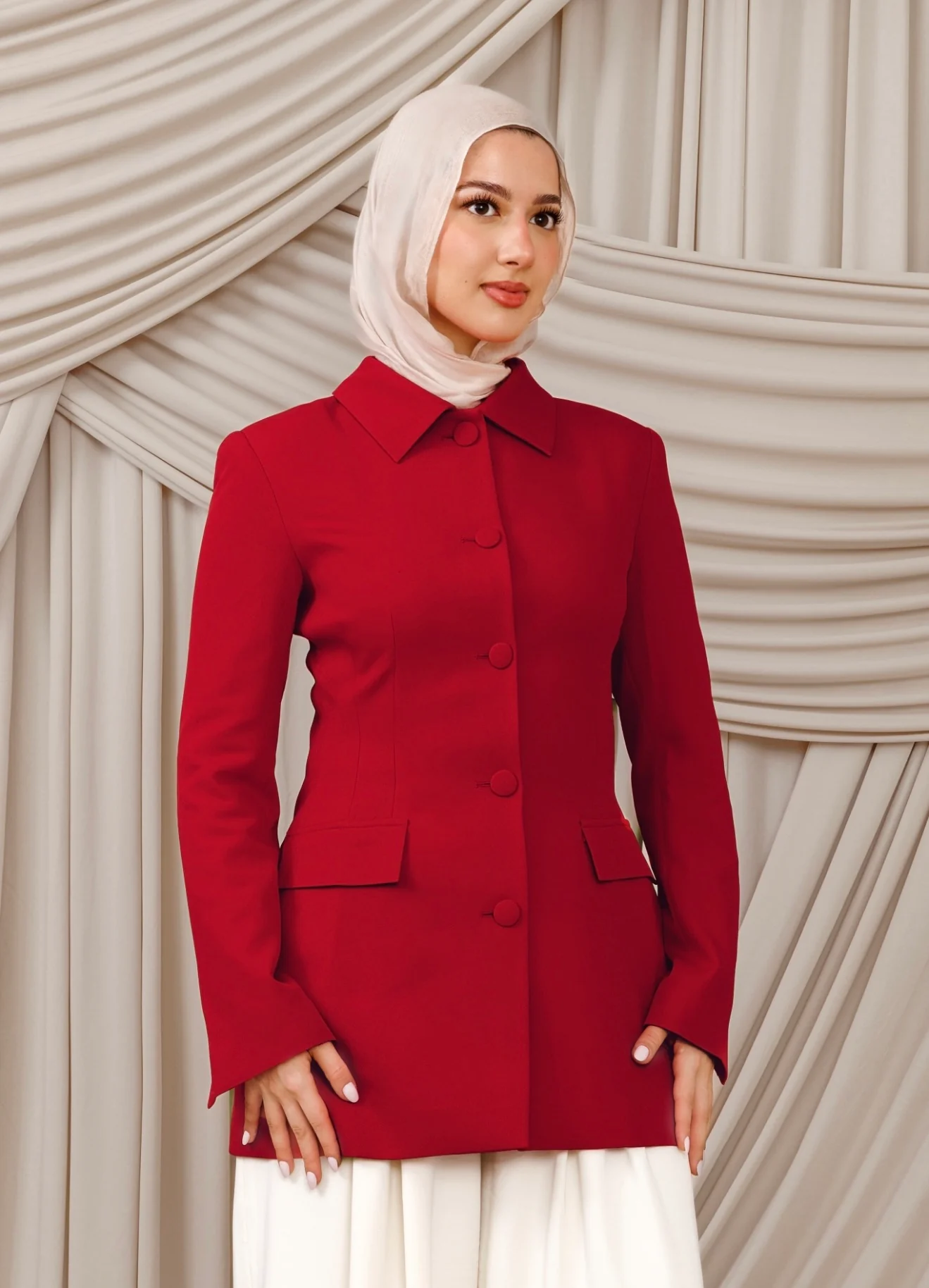 Red Peplum Buttoned Blazer - Image 2