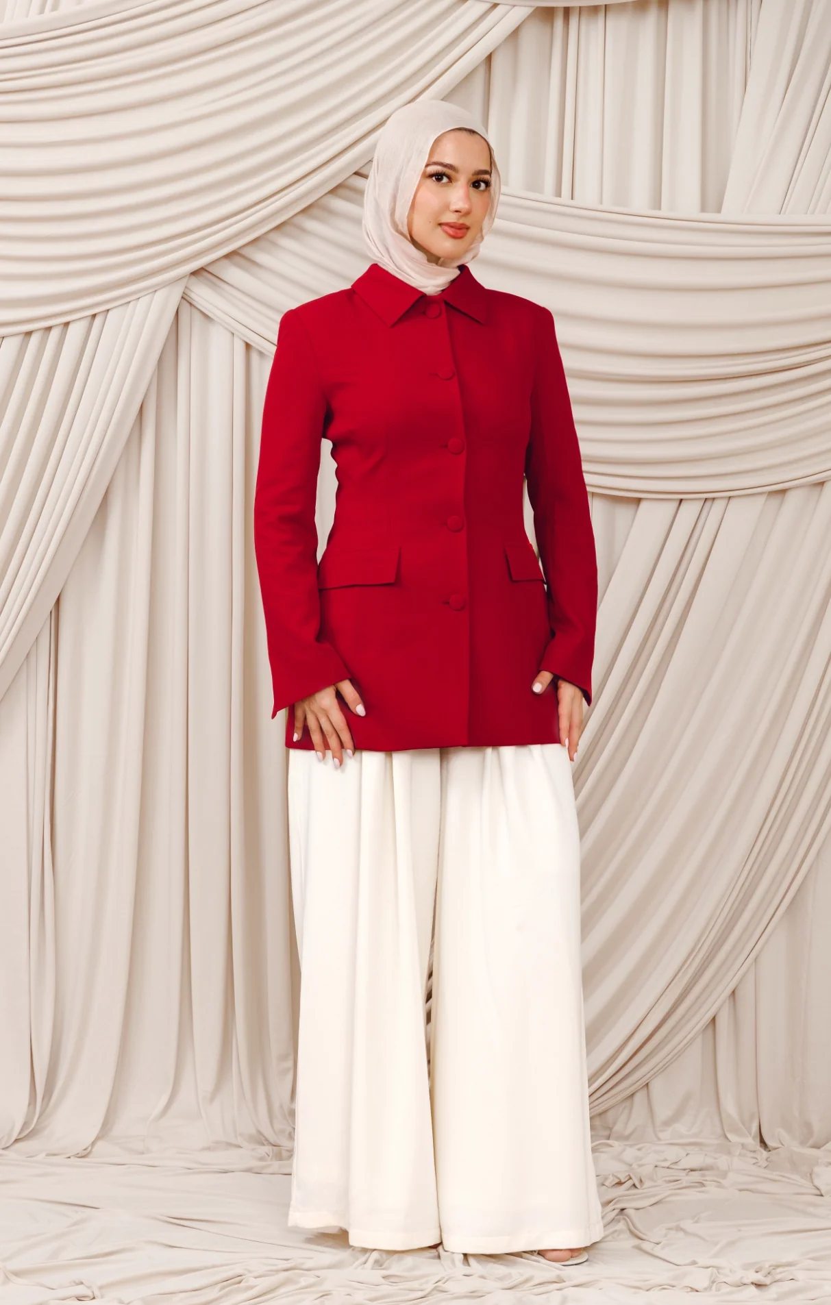 Red Peplum Buttoned Blazer - Image 3