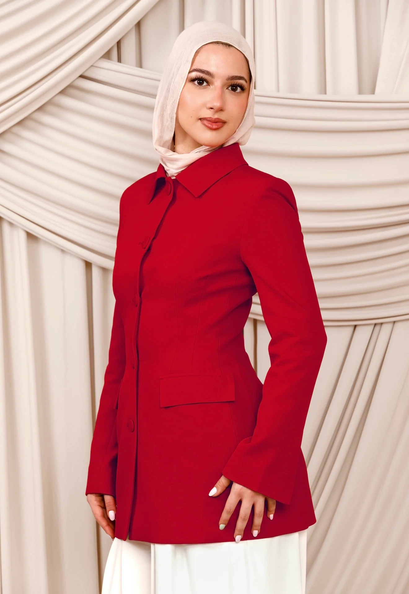 Red Peplum Buttoned Blazer - Image 4