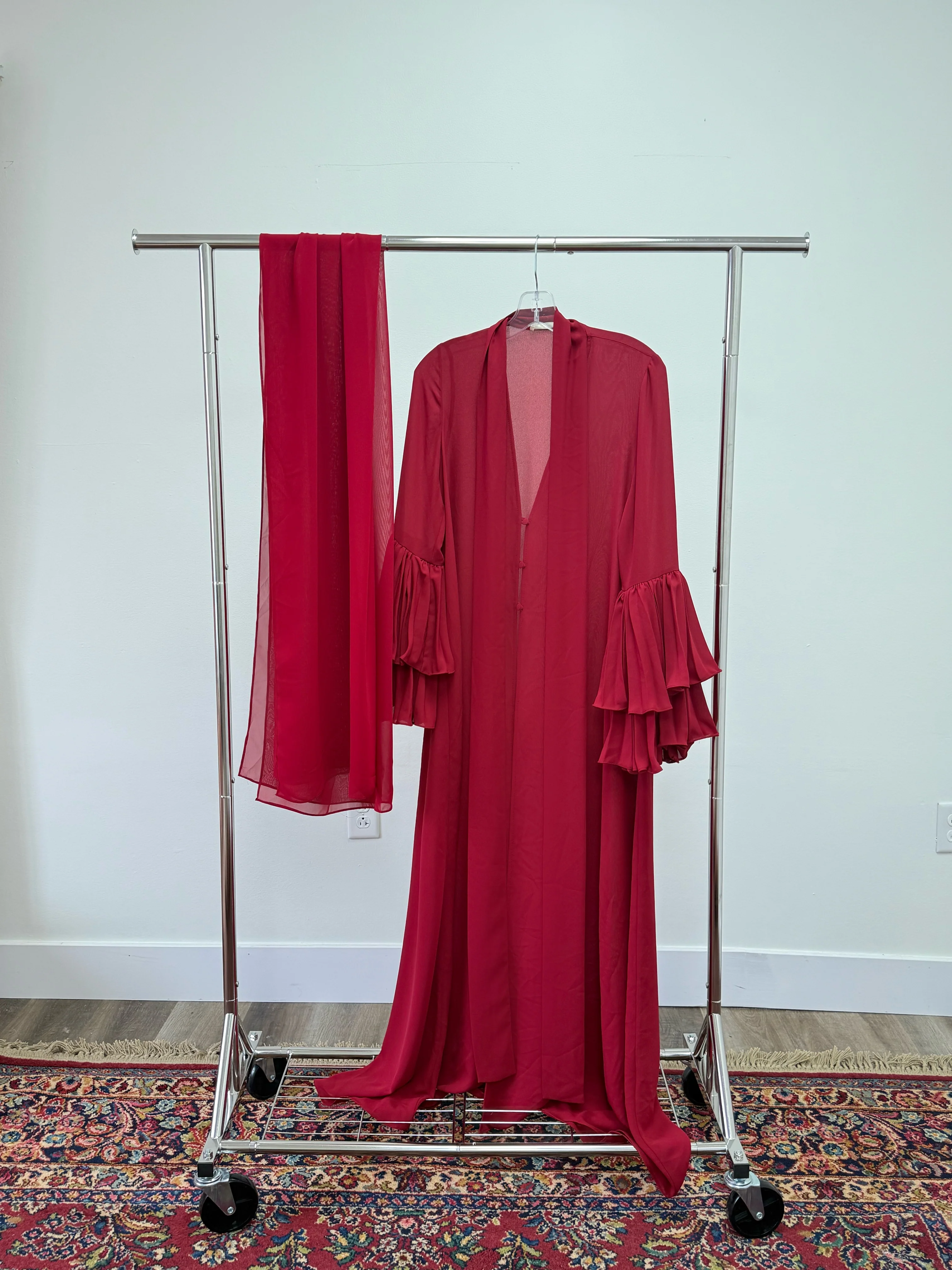 Cherry Red Pleated Sleeve Abaya + Scarf Set (2 pcs)- Final Sale - Image 5
