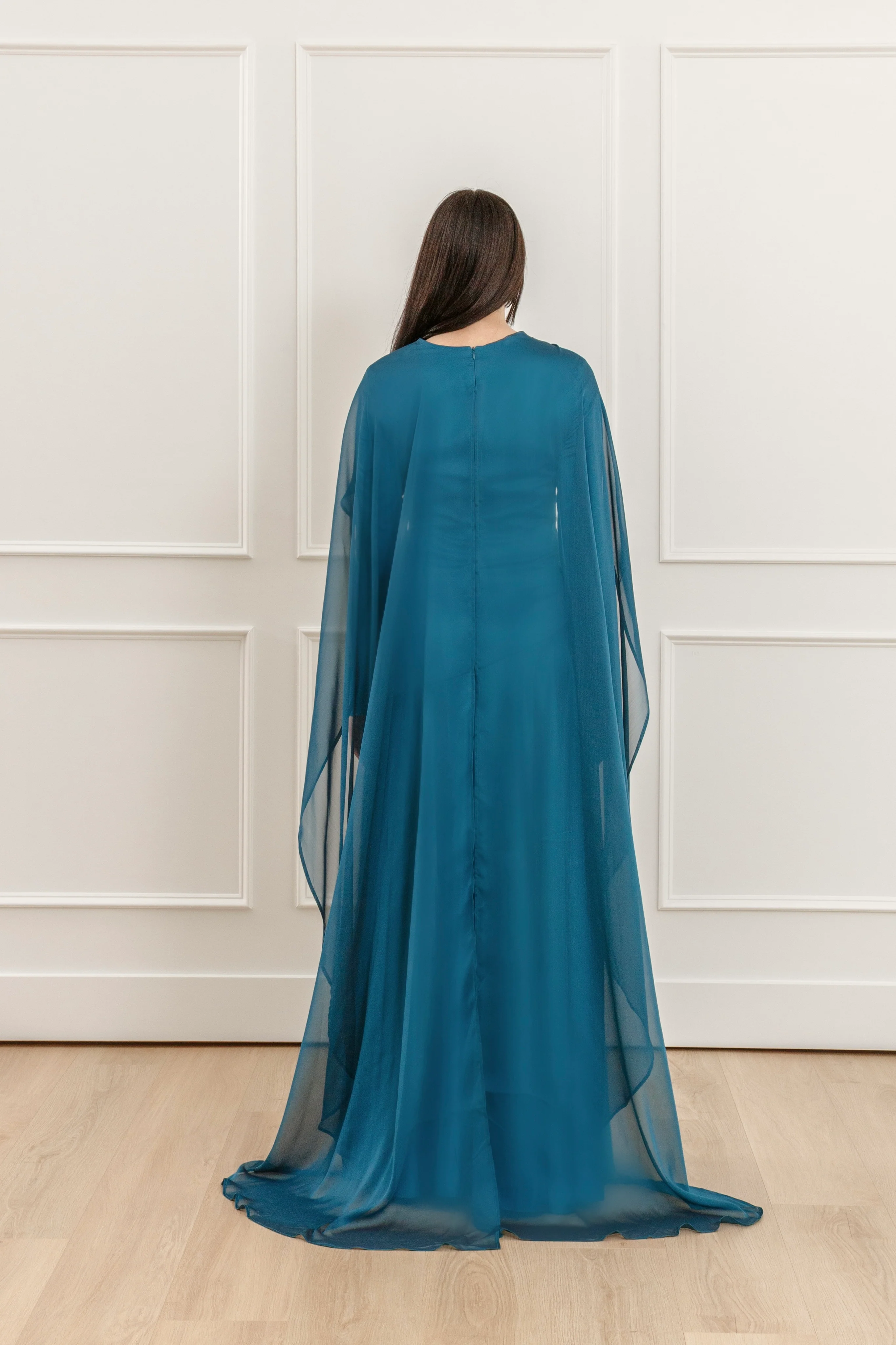 Teal Embellished Chiffon Cape Gown- Final Sale - Image 10