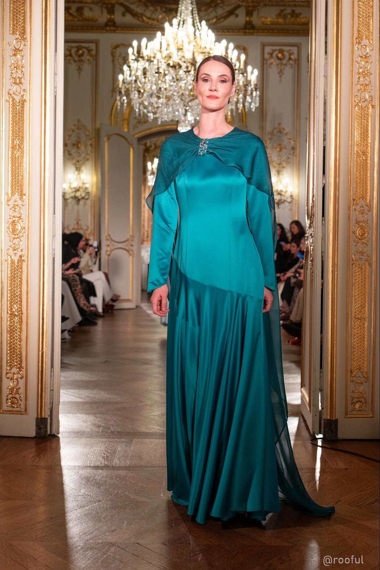 Teal Embellished Chiffon Cape Gown- Final Sale - Image 4