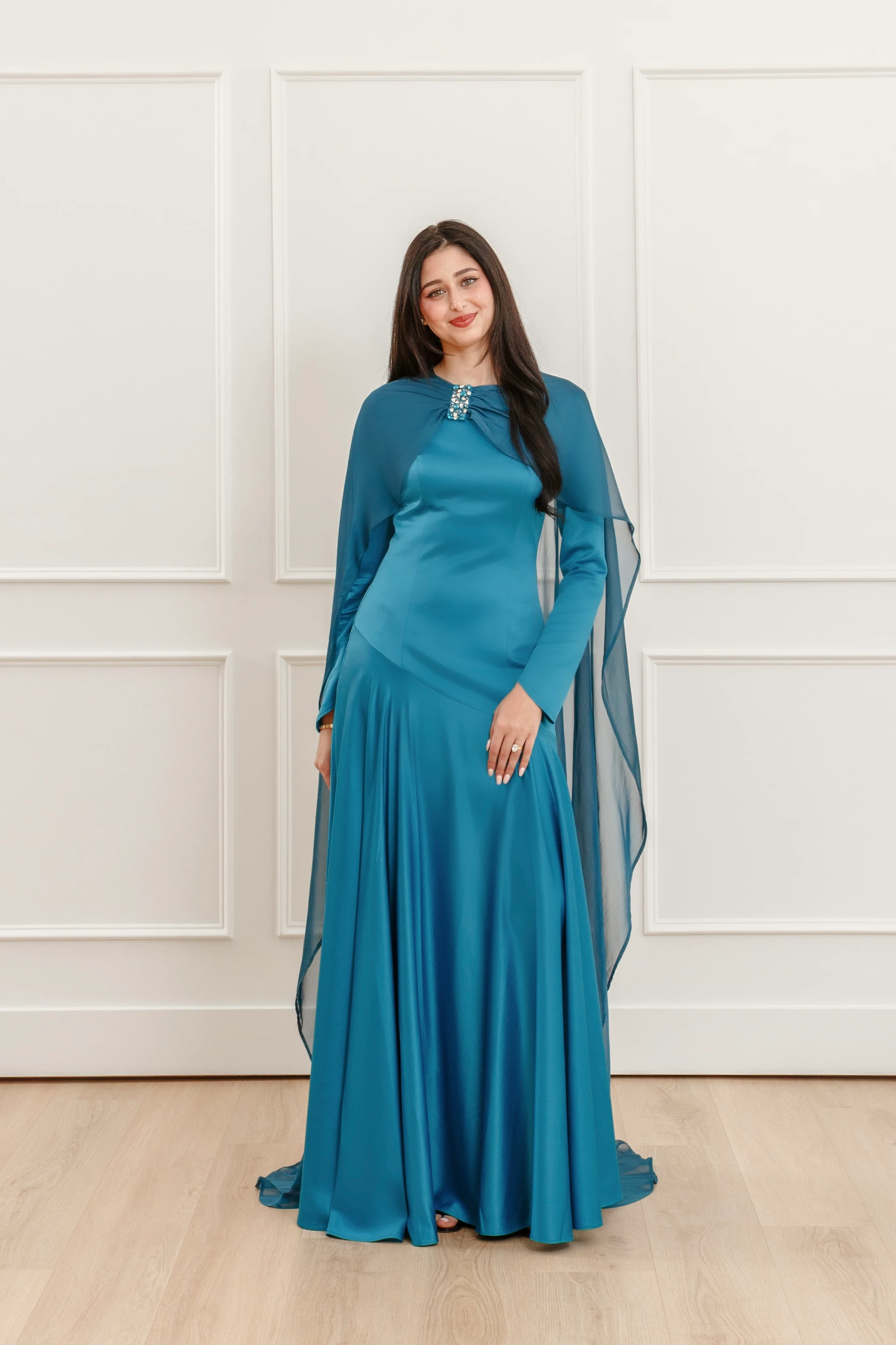 Teal Embellished Chiffon Cape Gown- Final Sale - Image 5