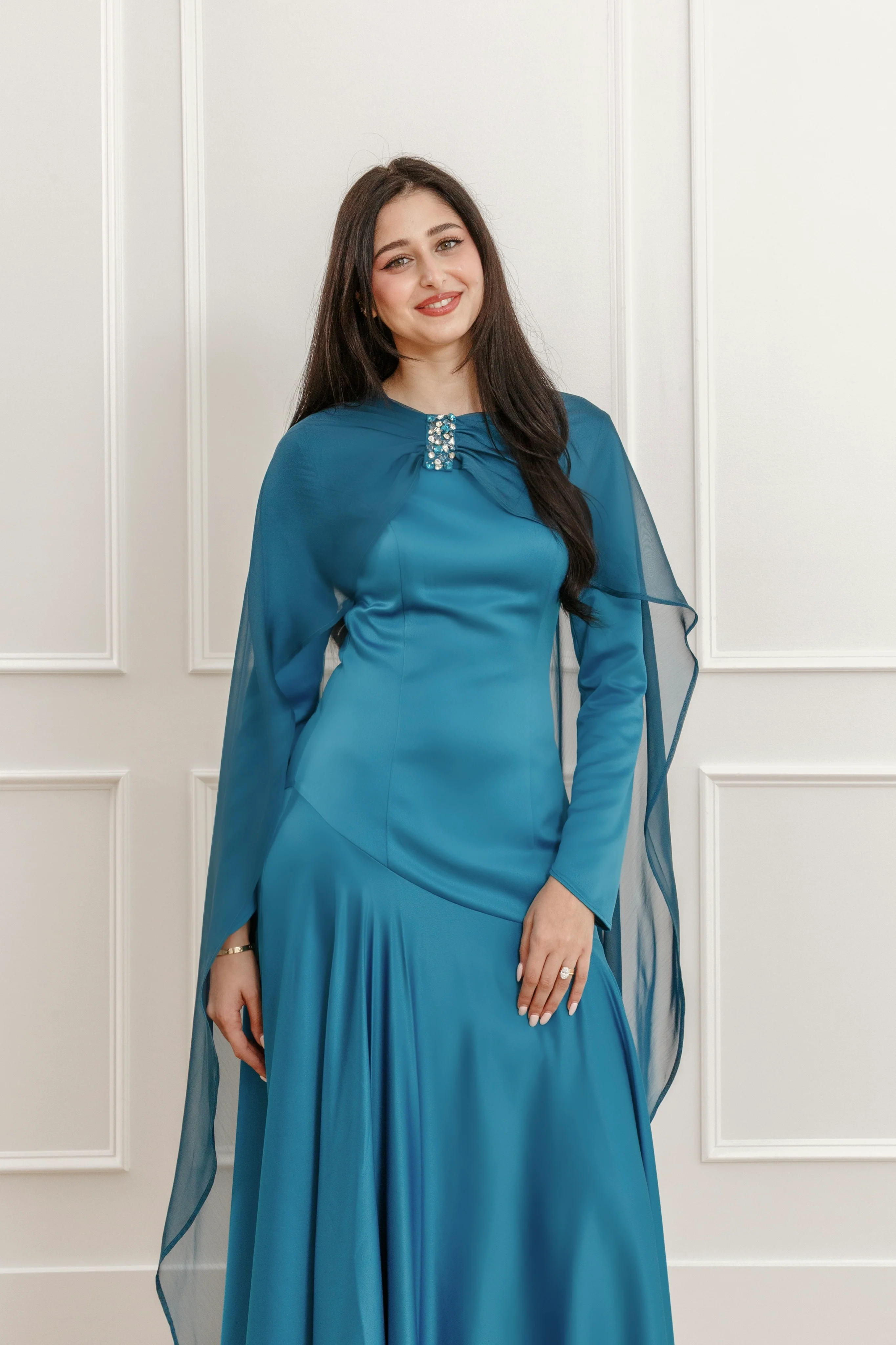 Teal Embellished Chiffon Cape Gown- Final Sale - Image 6