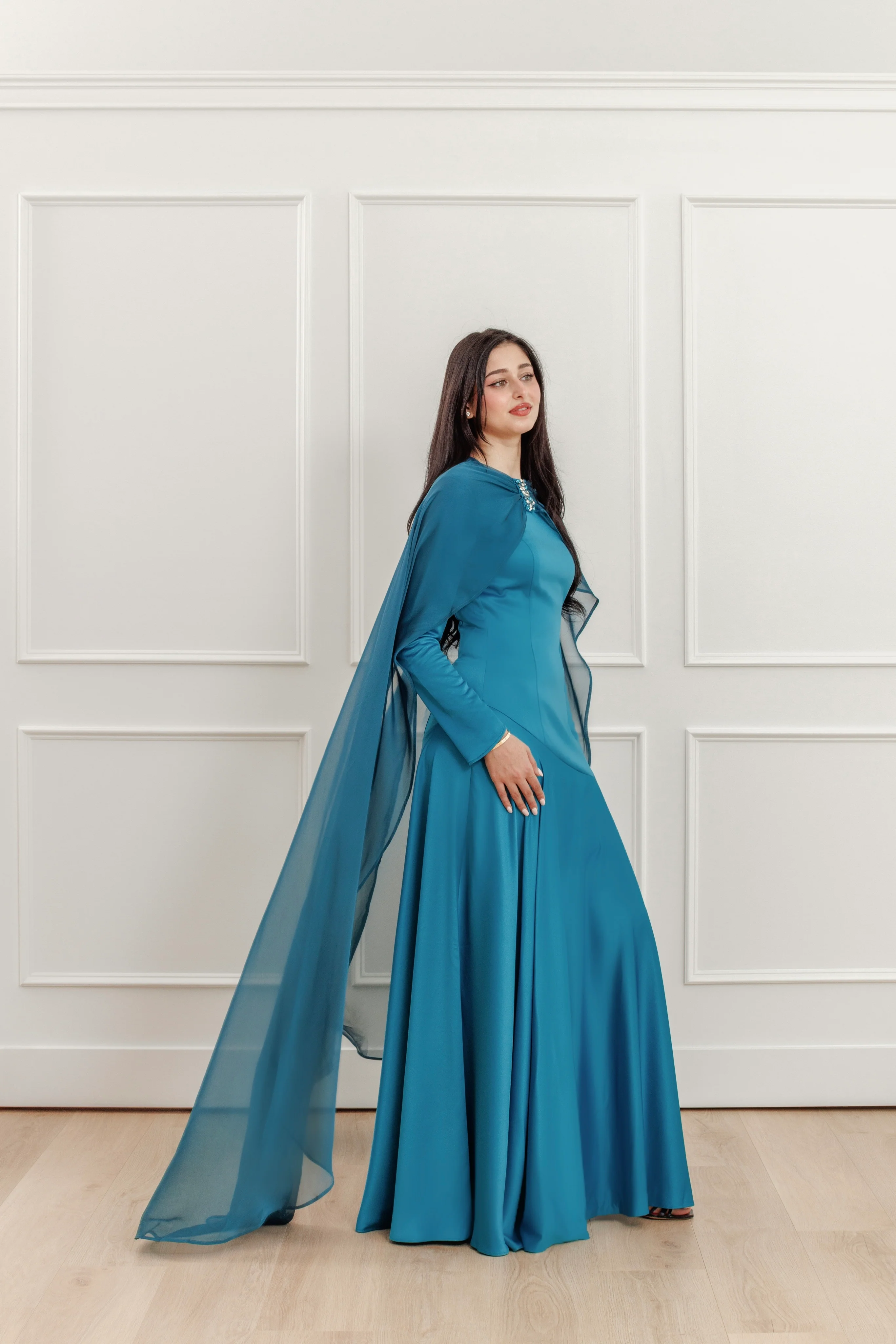 Teal Embellished Chiffon Cape Gown- Final Sale - Image 8