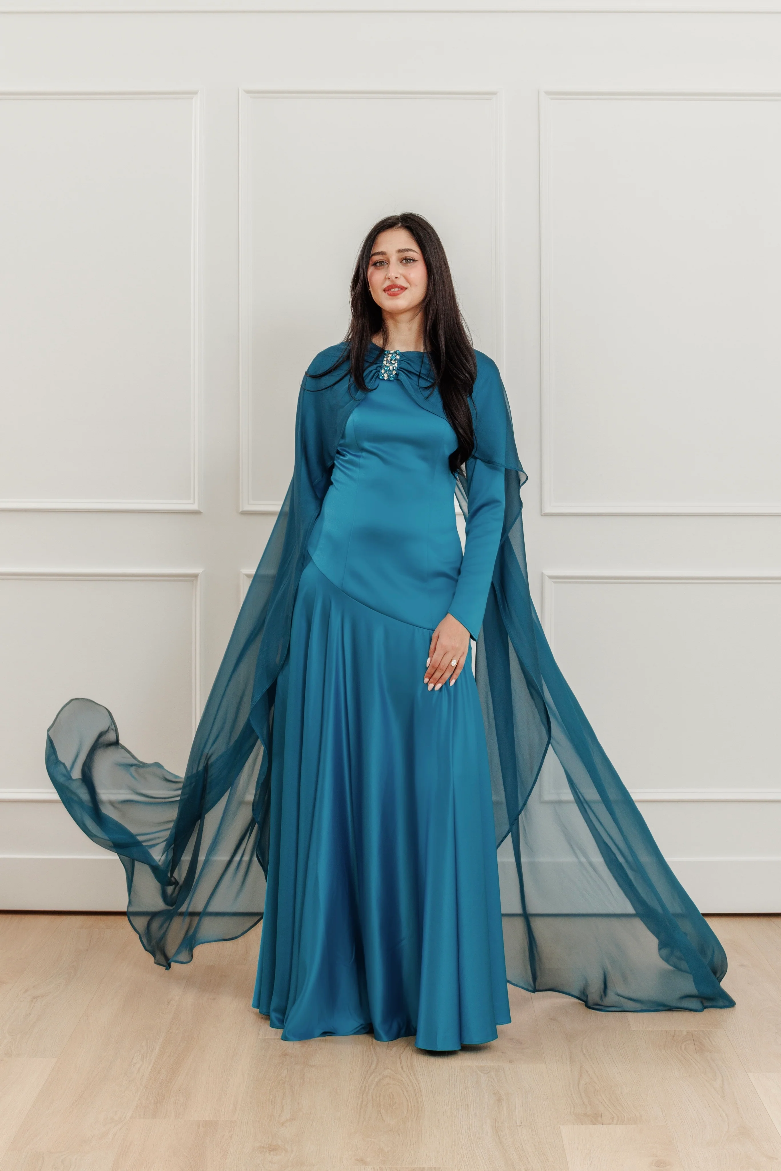 Teal Embellished Chiffon Cape Gown- Final Sale - Image 9