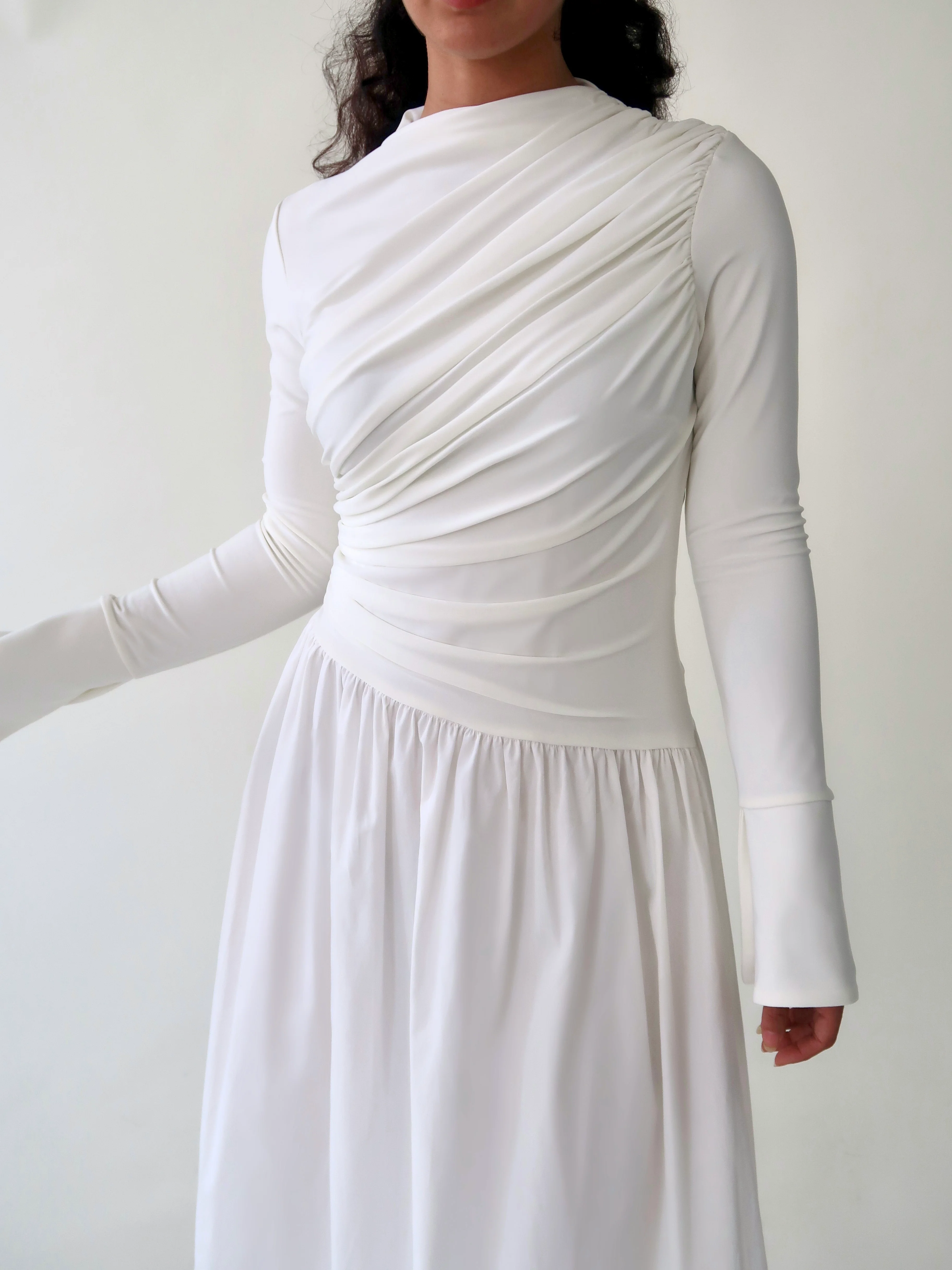 White Asymmetric Draped Dress - Image 3