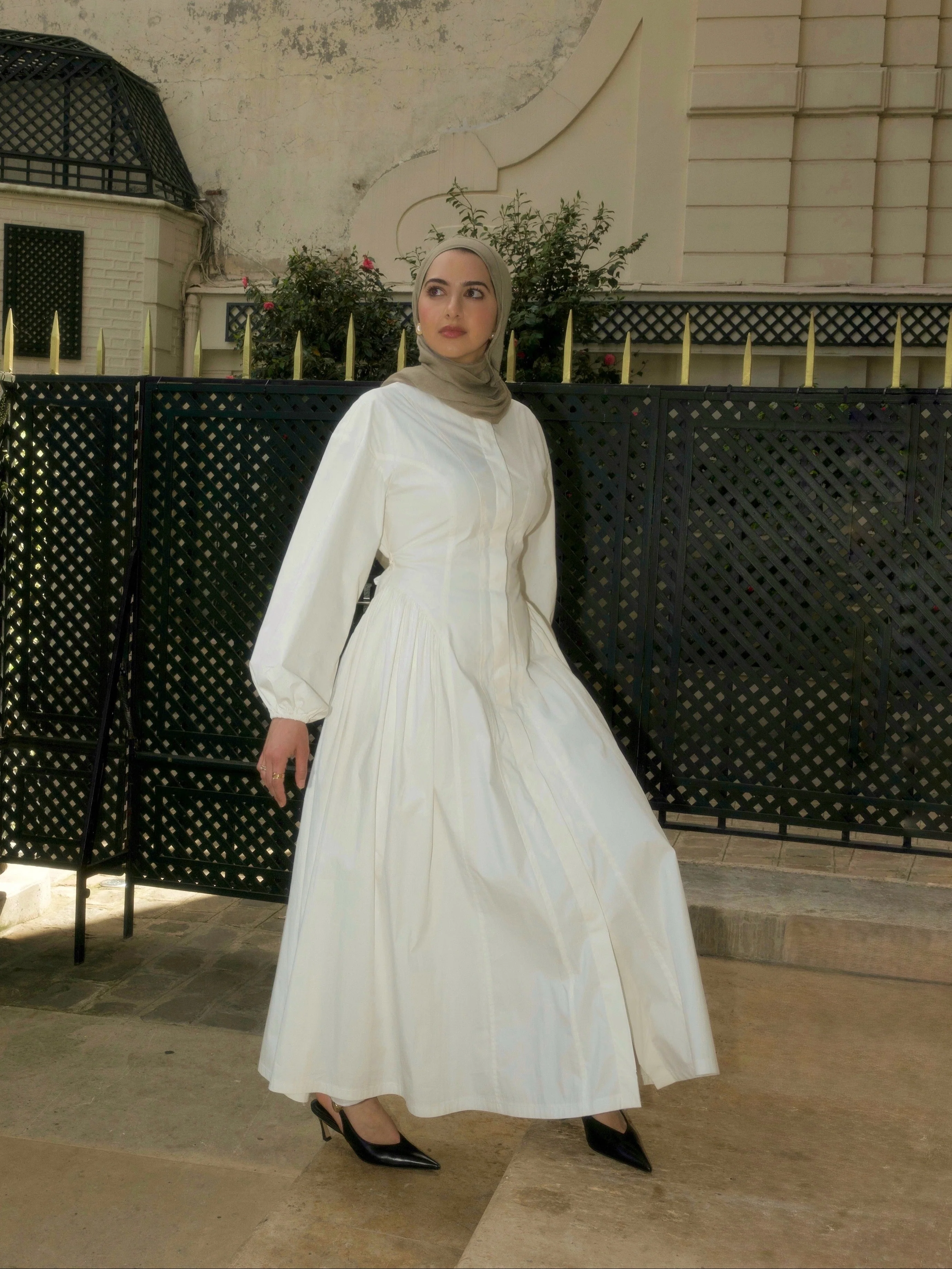 White Cinched Buttoned Dress
