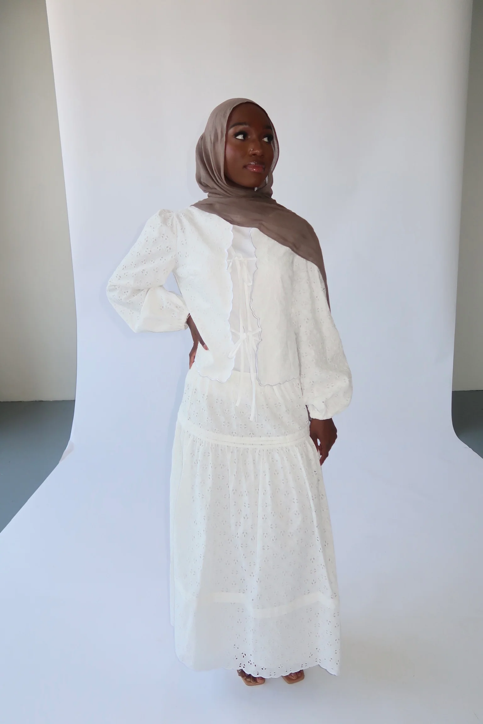 White Cotton Eyelet Lace Top & Maxi Skirt Set - Image 3